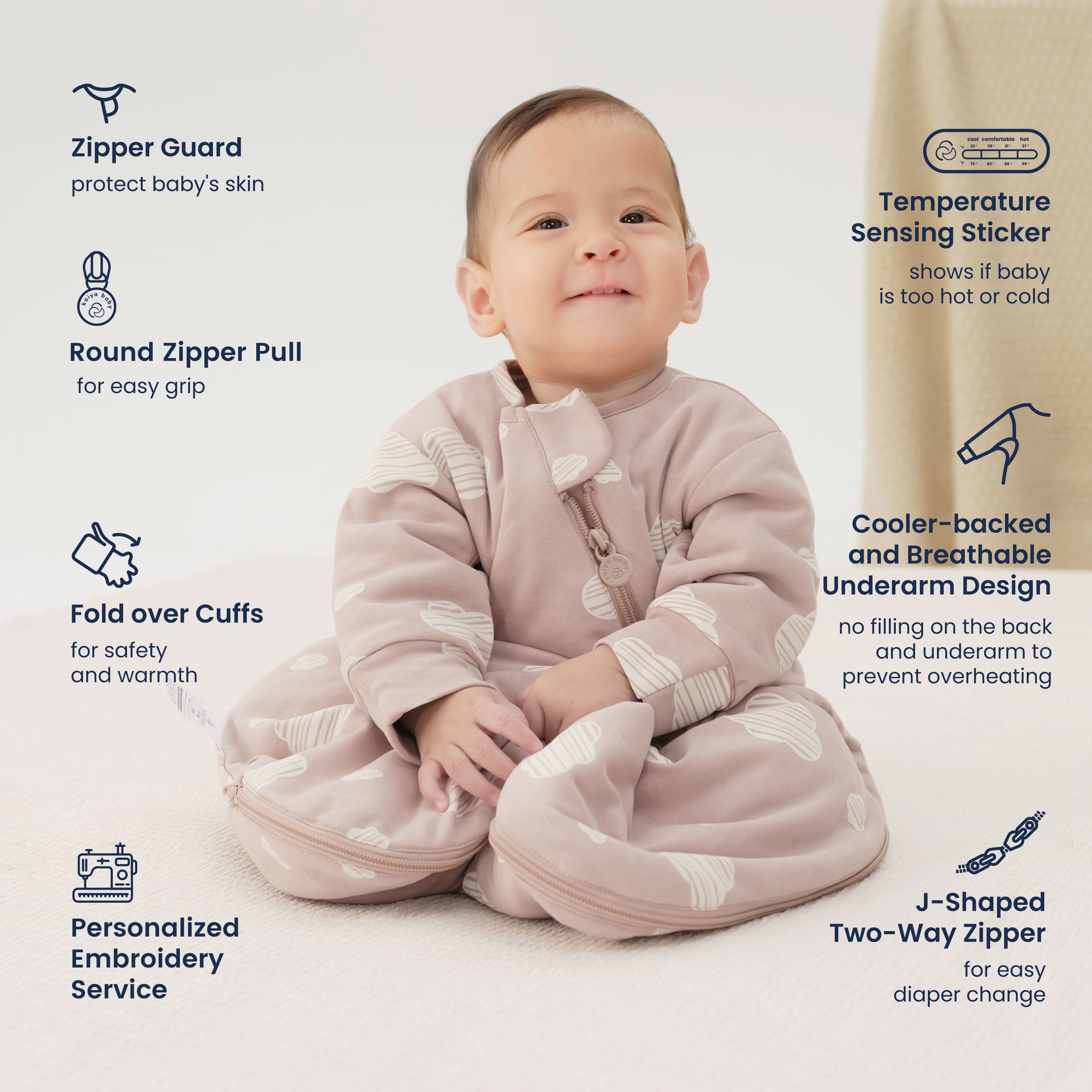 All Season Long Sleeve Sleep Sack 1.0 TOG - Organic Cotton & Camel Wool+ClimaCuddle™ Zipped Baby Romper Pink