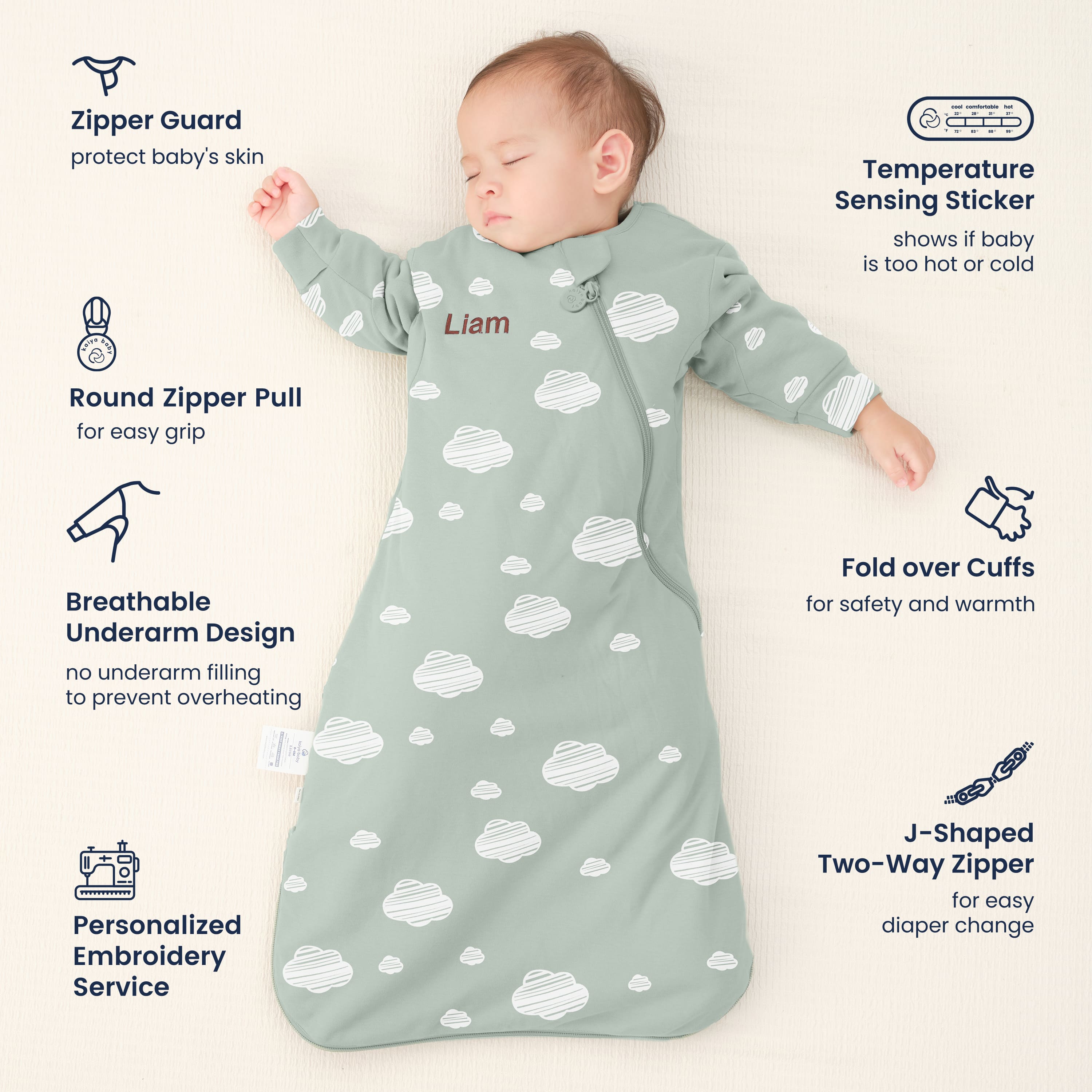 All Season Long Sleeve Sleep Sack 1.0 TOG - Organic Cotton & Camel Wool+ClimaCuddle™ Zipped Baby Romper Green