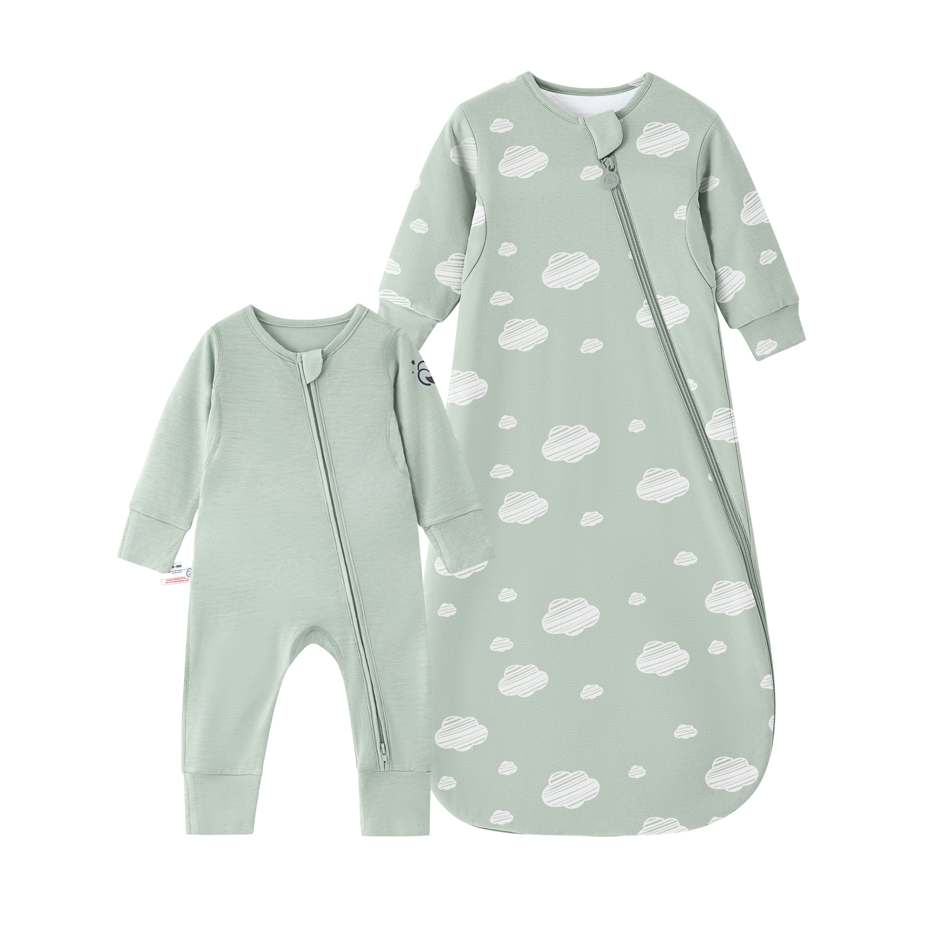 All Season Long Sleeve Sleep Sack 1.0 TOG - Organic Cotton & Camel Wool+ClimaCuddle™ Zipped Baby Romper Green