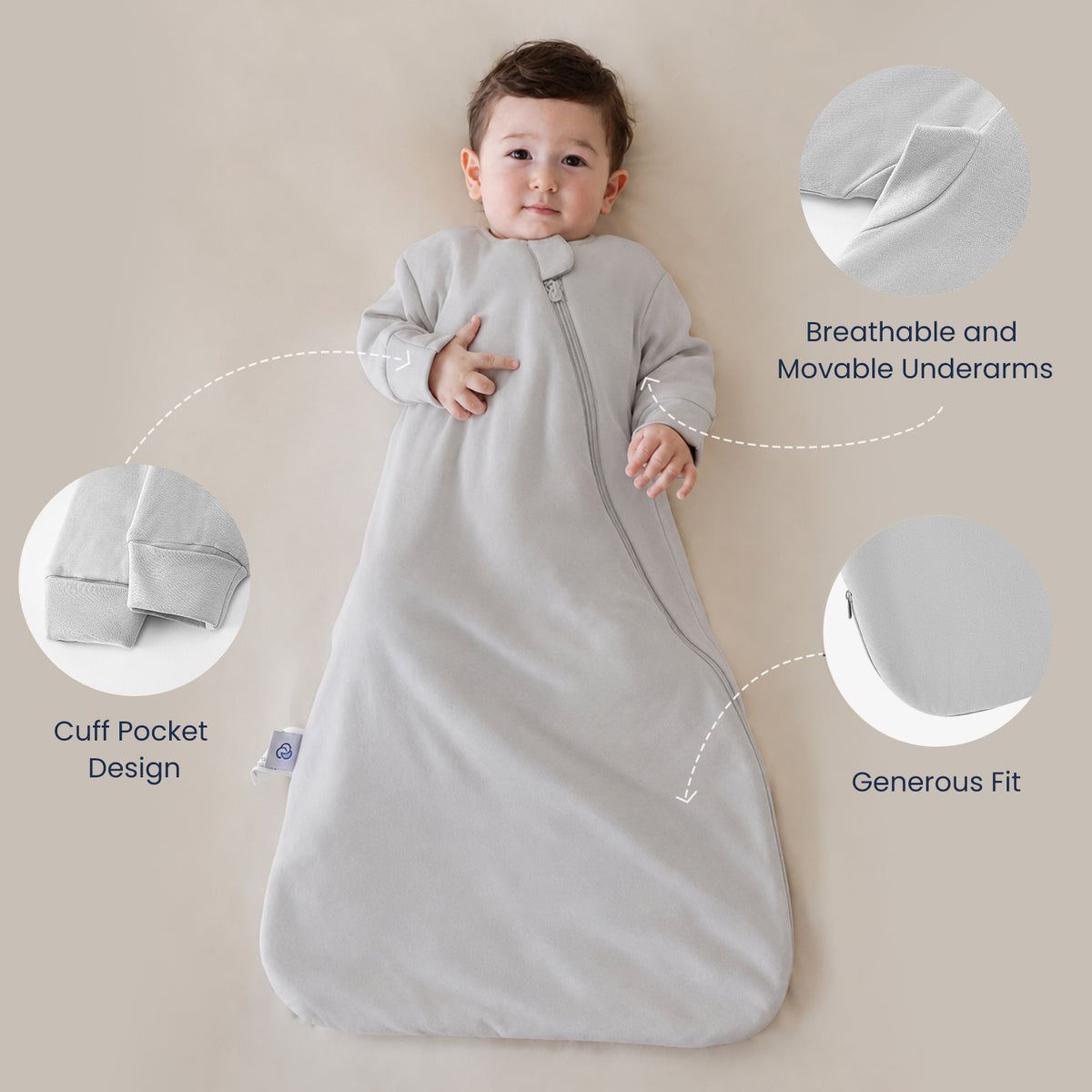 Warm Long Sleeve Sleep Sack 2.5 TOG - Organic Cotton & Camel Wool - Light gray