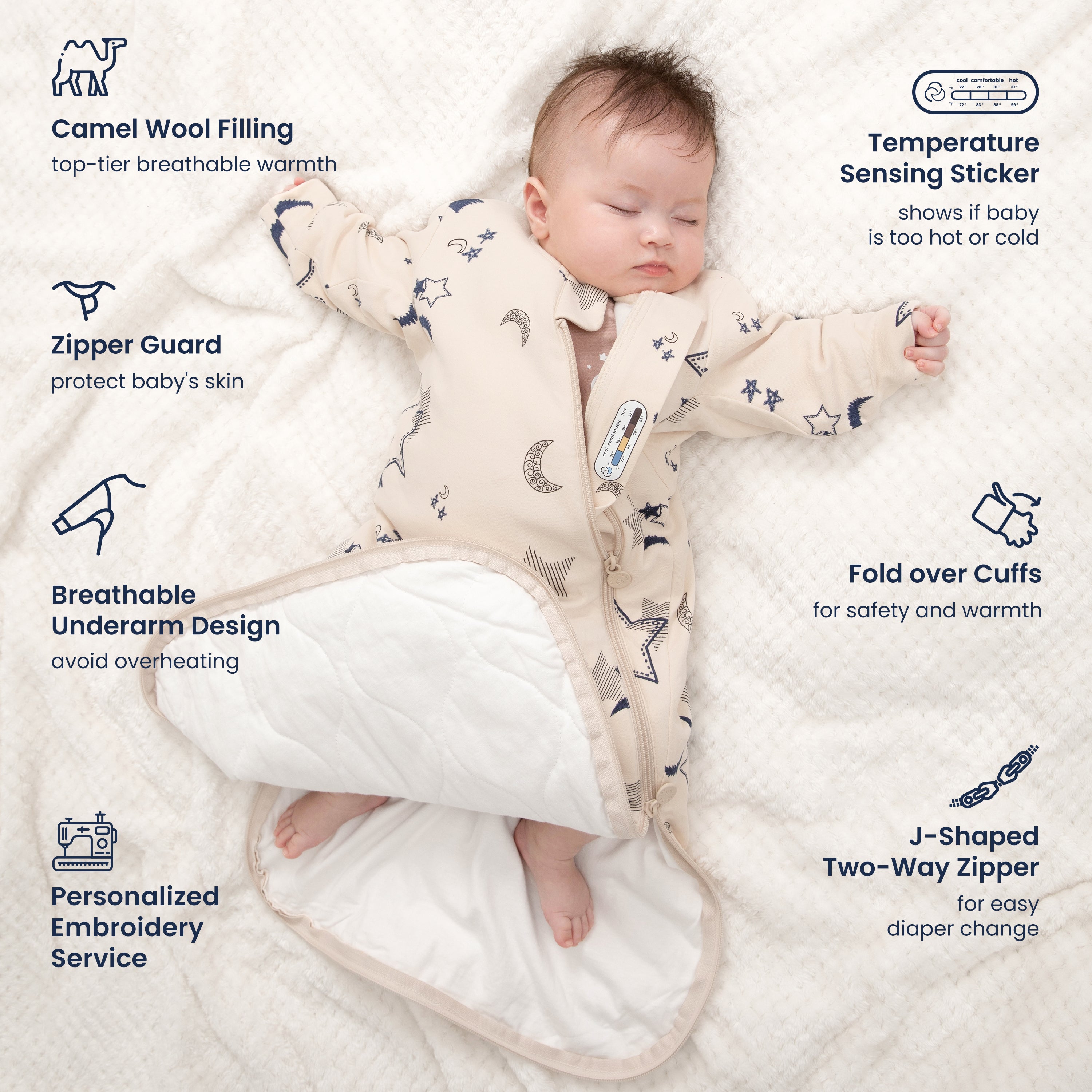Winter Long Sleeve Sleep Sack 3.5 TOG - Organic Cotton & Camel Wool - Moonlit