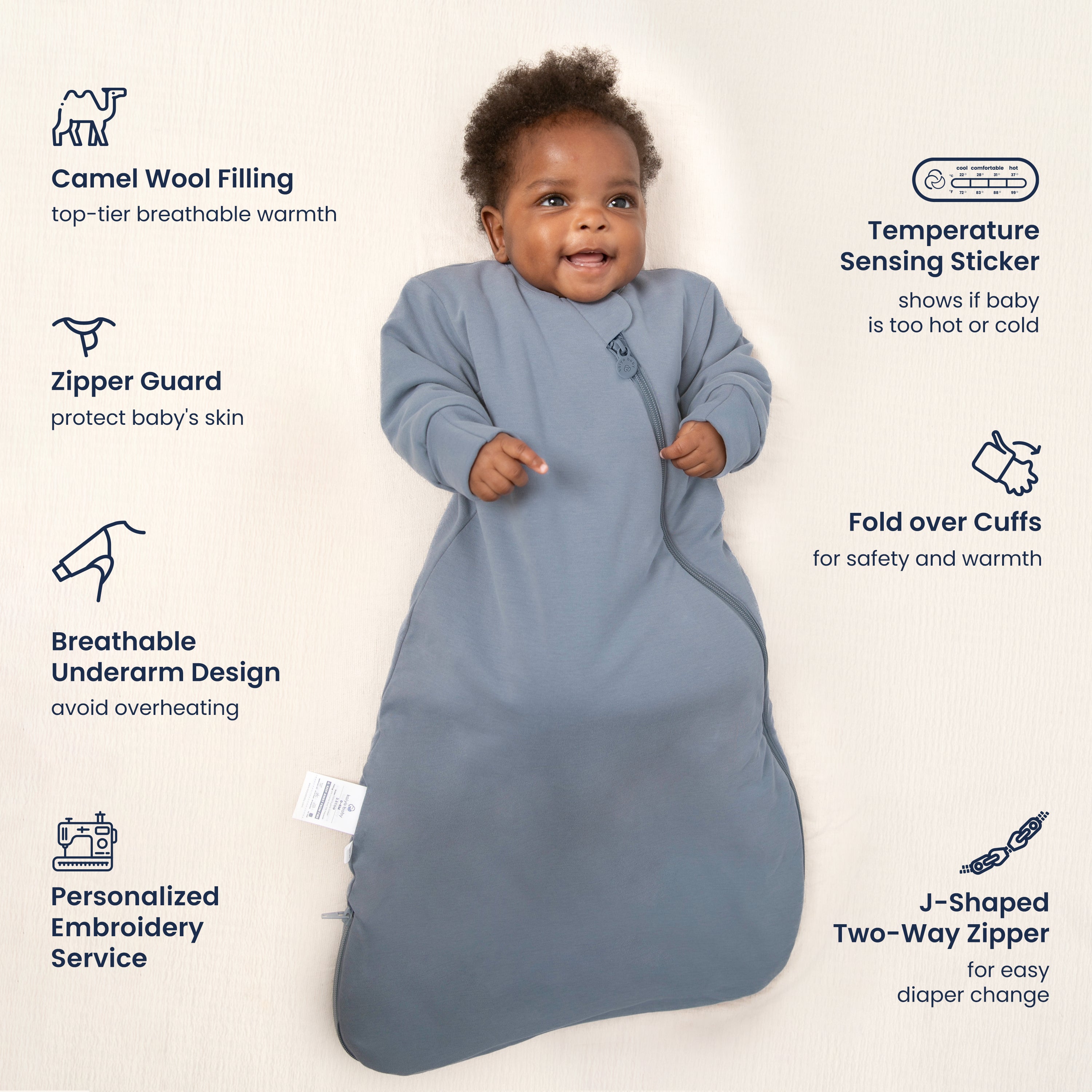 Winter Long Sleeve Sleep Sack 3.5 TOG- Organic Cotton & Camel Wool Bundle - Blue