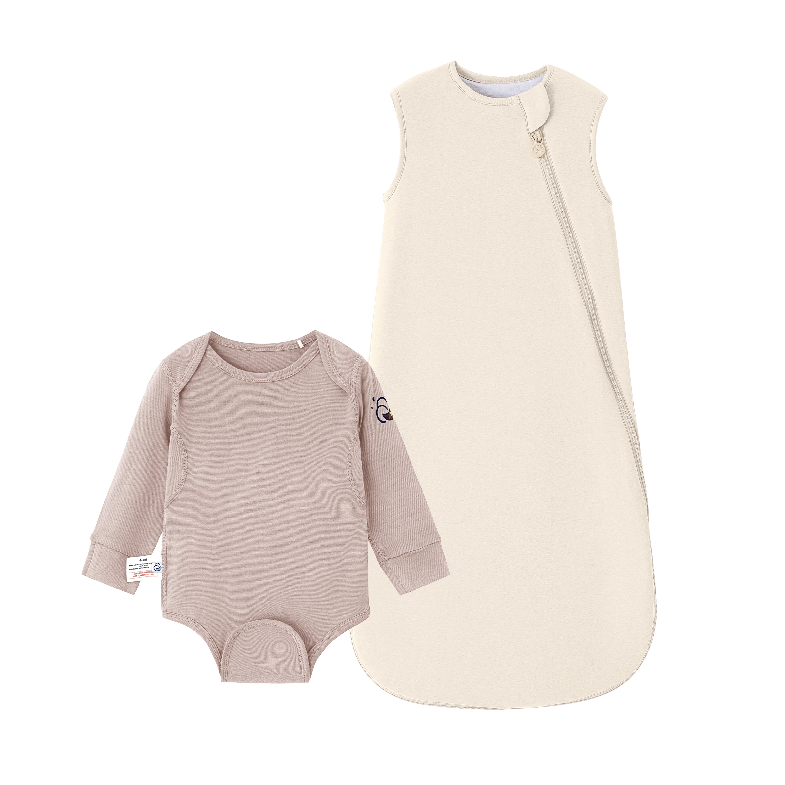 Sleeveless Sleep Sack 1.0 TOG - Organic Cotton & Camel Wool Cream +ClimaCuddle® Baby Bodysuit - Merino Wool & Rayon Bamboo - Dusty Pink Bundle