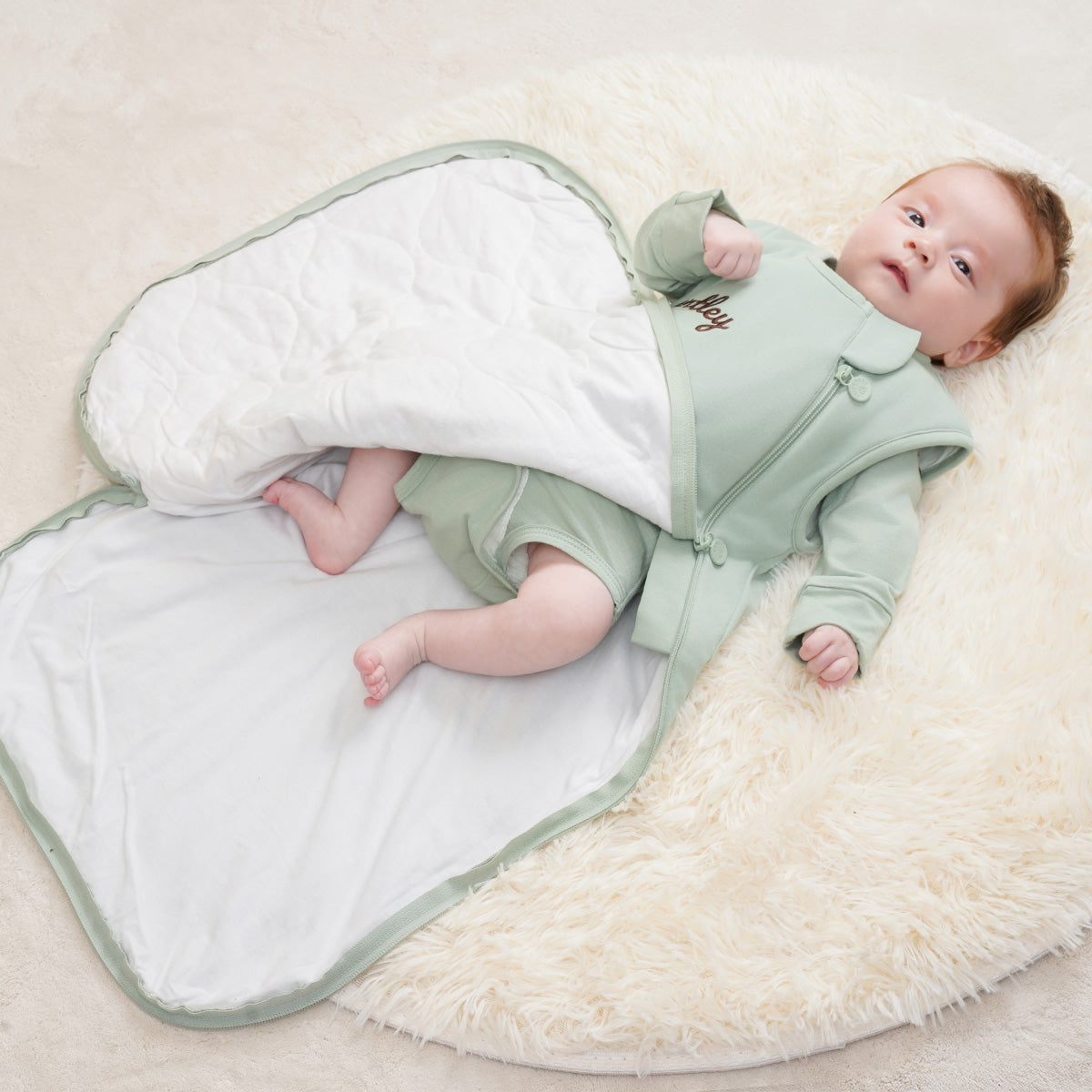 All Season Sleeveless Sleep Sack 1.0 TOG - Organic Cotton & Camel Wool -Pea Green