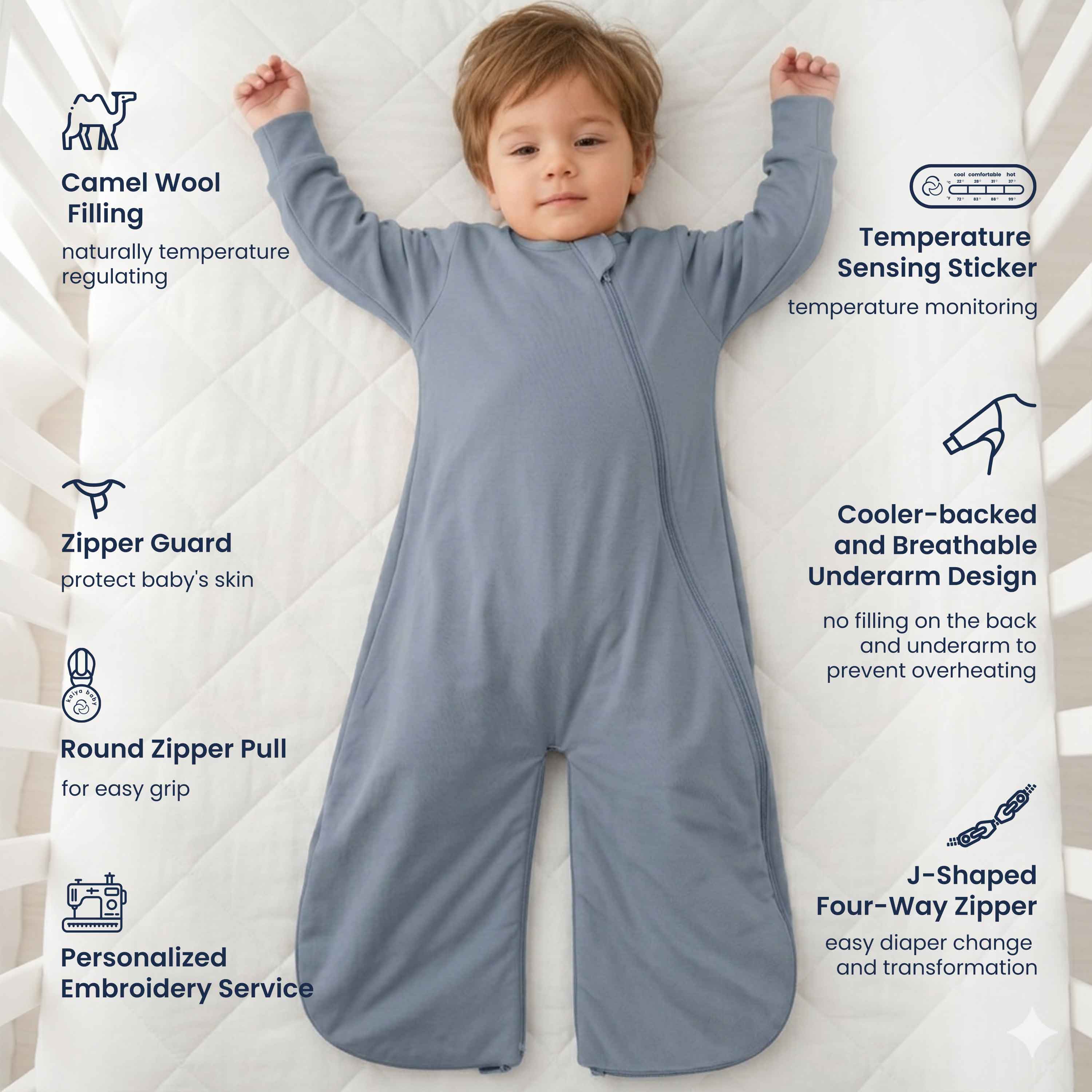 All Season Sleep Suit Sack 3-in-1 1.0 TOG - Organic Cotton & Camel Wool - Misty Blue