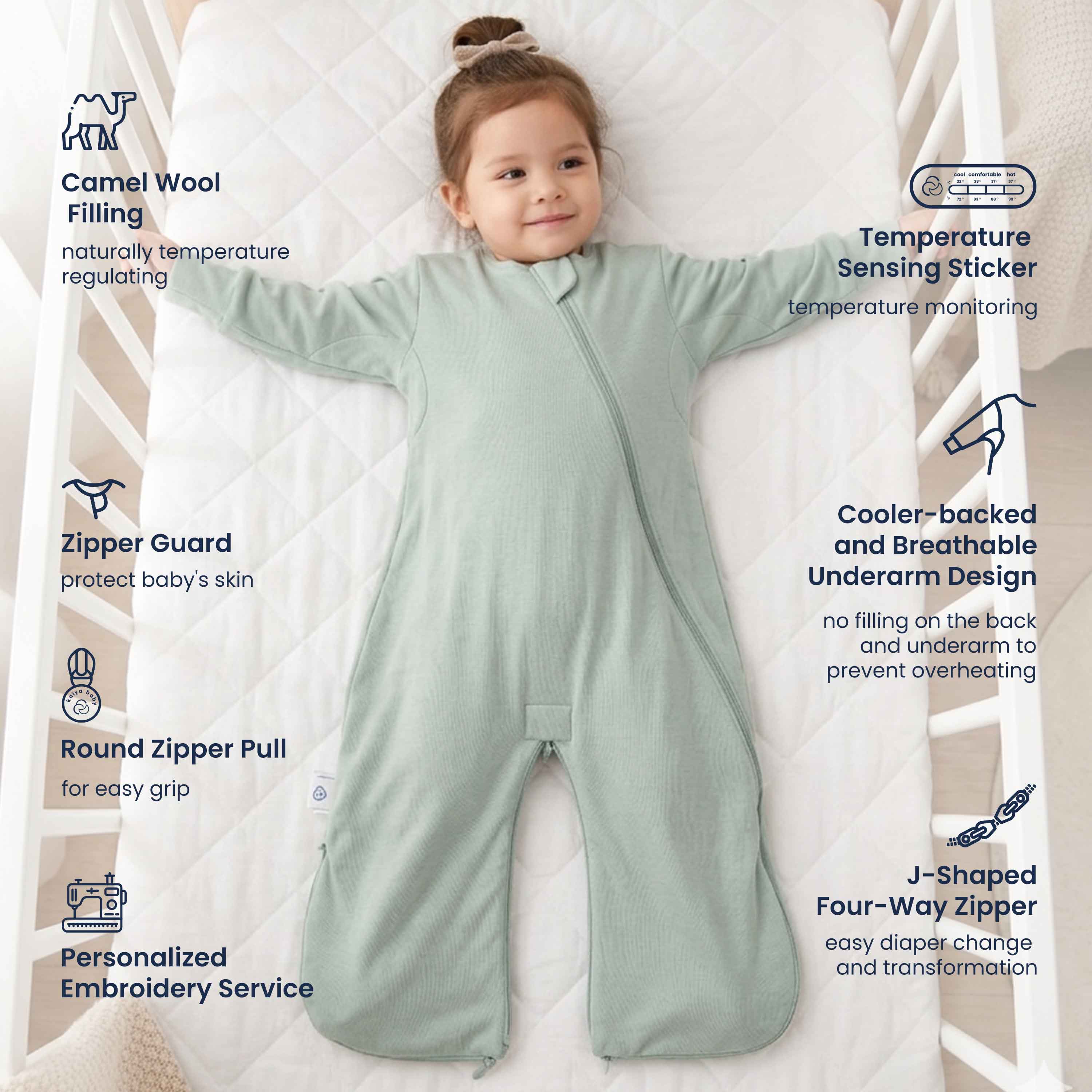 All Season Sleep Suit Sack 3-in-1 1.0 TOG - Organic Cotton & Camel Wool - Pea Green