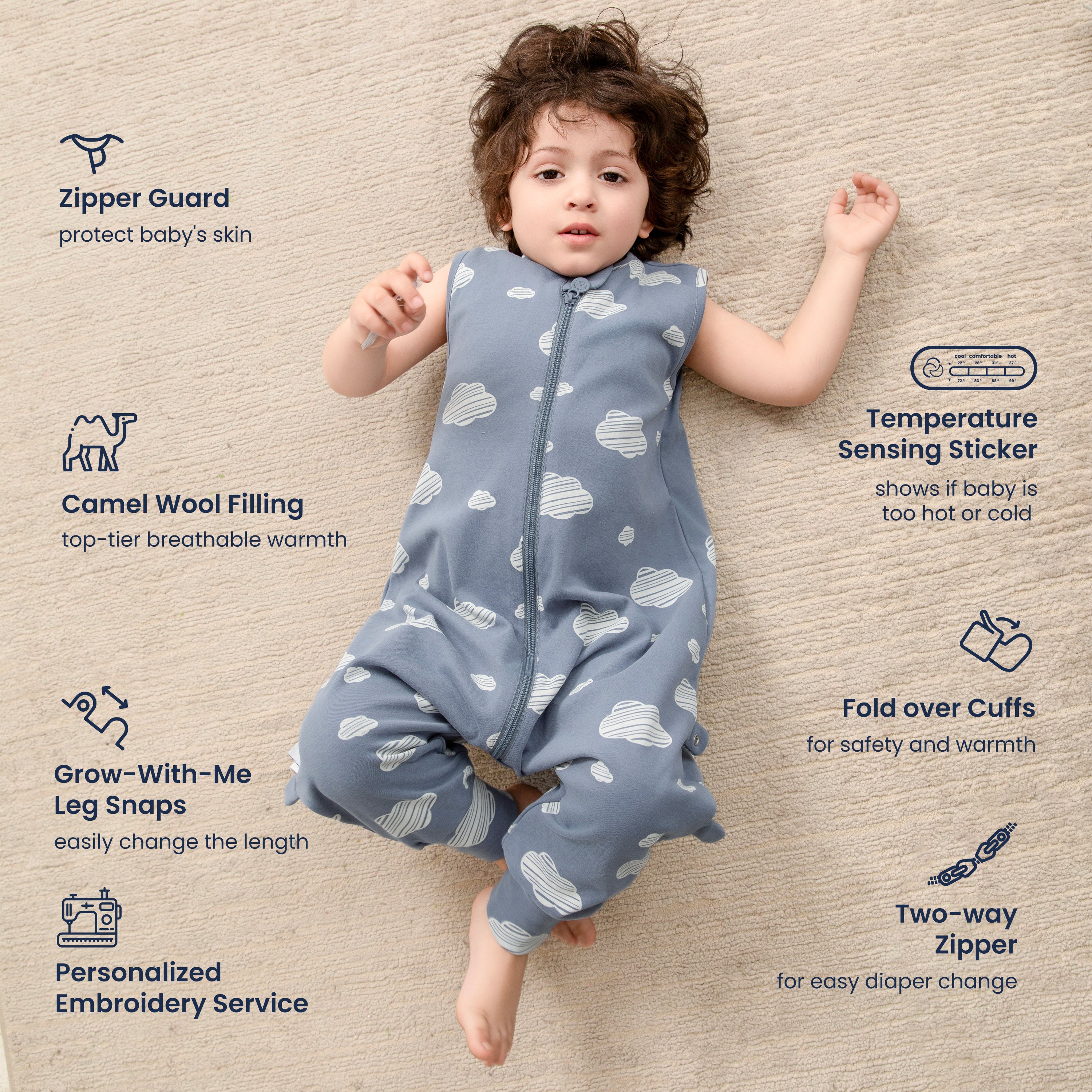 All Season Sleeveless Sleep Sack Walker 1.0 TOG - Organic Cotton & Camel Wool - Blue Sky