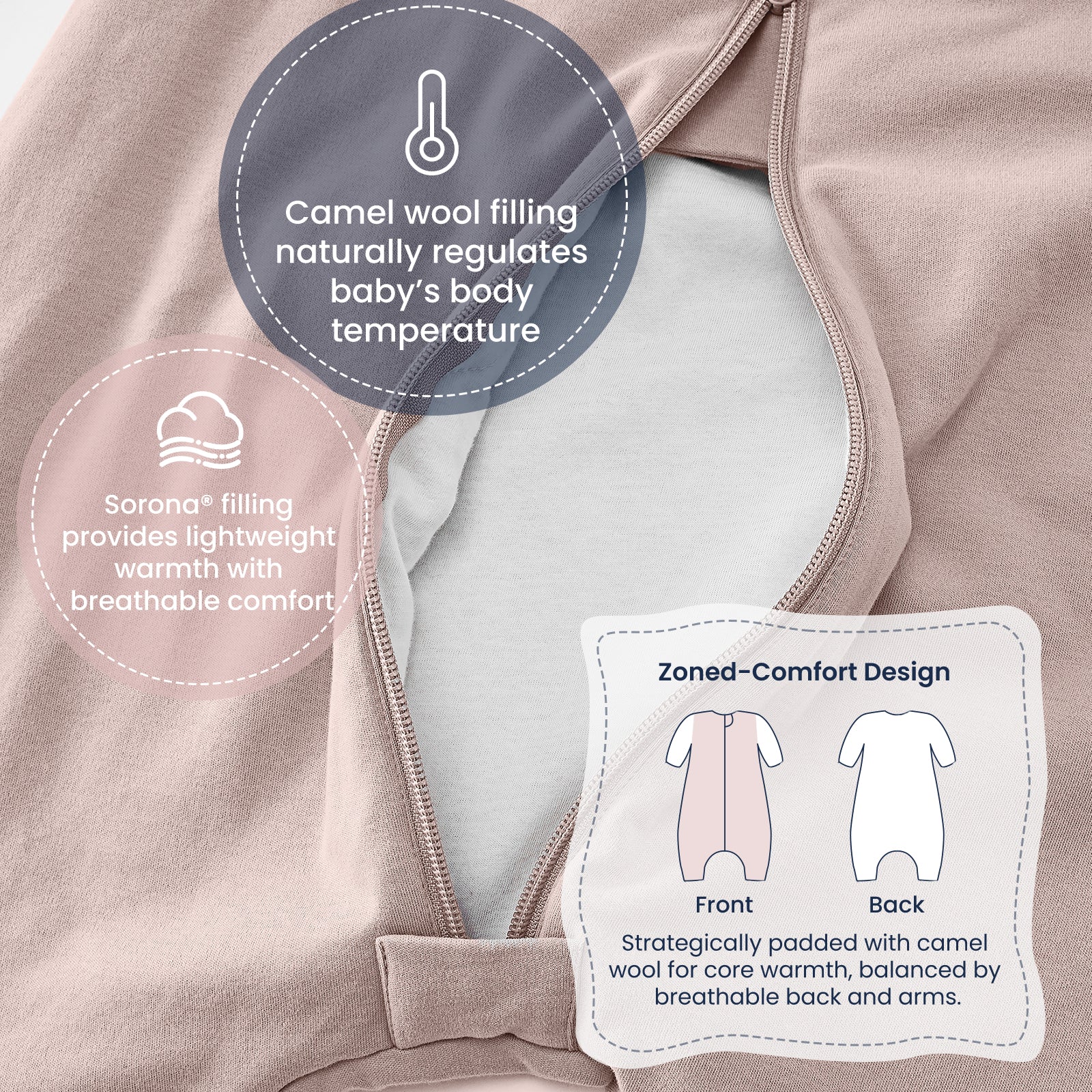 All Season Long Sleeve Sleep Sack Walker 1.0 TOG - Organic Cotton & Camel Wool - Dusty Pink