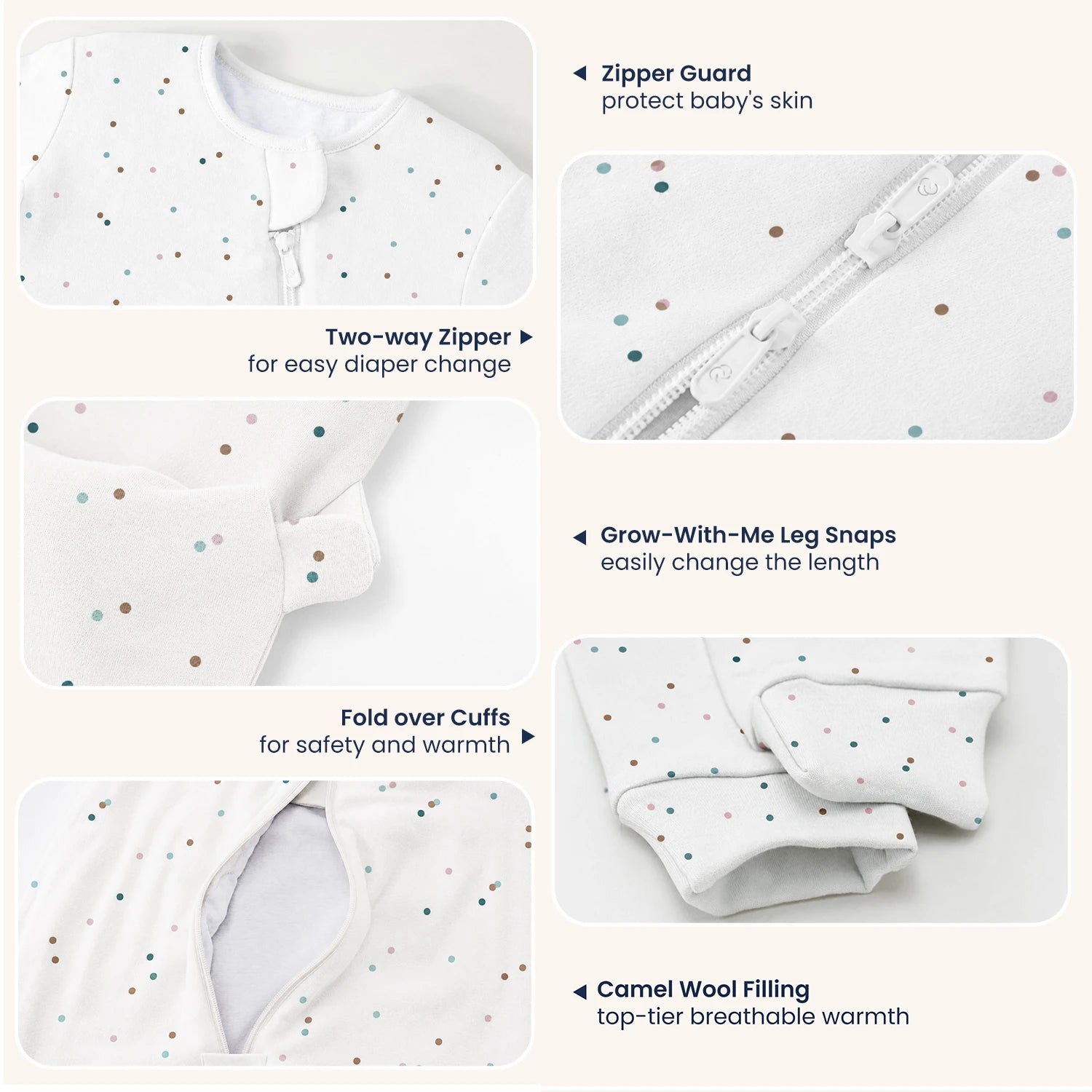 Warm Long Sleeve Sleep Sack Walker 2.5 TOG - Organic Cotton & Camel Wool - Spark Dots