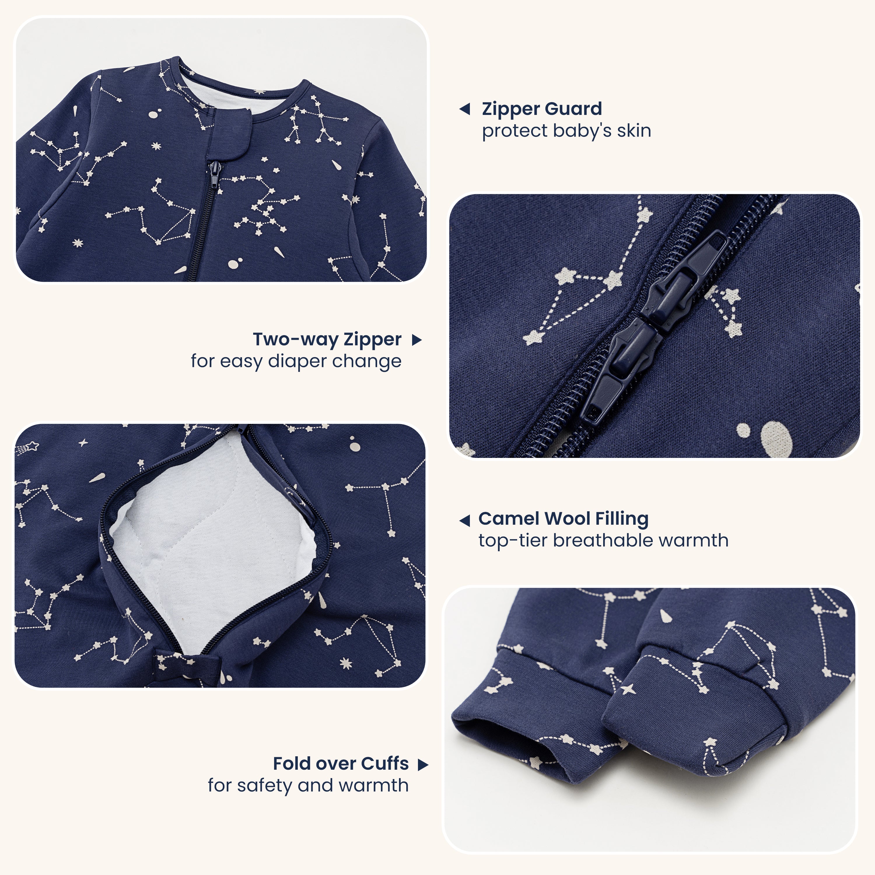 014-3.5-13-1Winter Long Sleeve Sleep Sack Walker 3.5 TOG - Organic Cotton & Camel Wool - Constellation-3