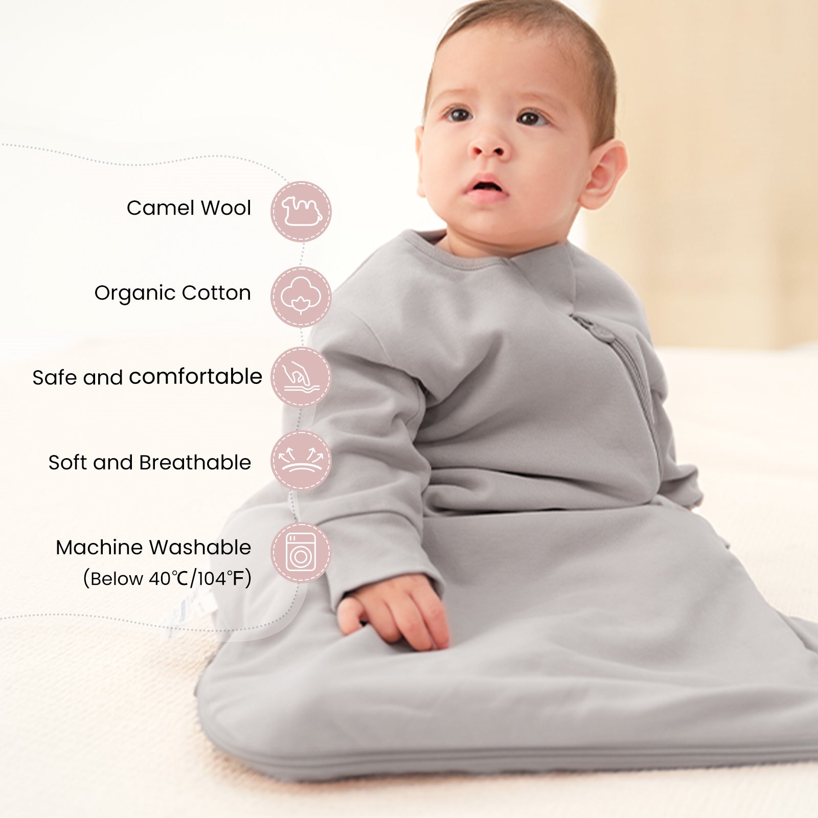 All Season Long Sleeve Sleep Sack 1.0 TOG - Organic Cotton & Camel Wool - Stone Gray