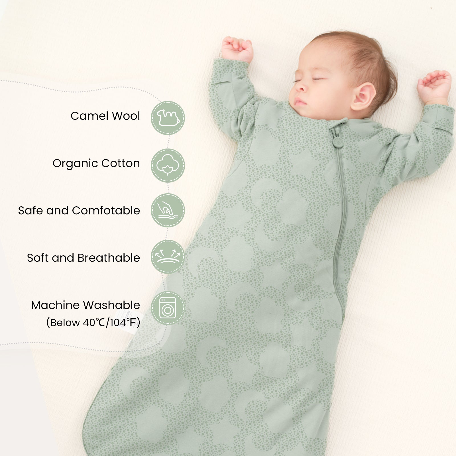 Winter Long Sleeve Sleep Sack 3.5 TOG - Organic Cotton & Camel Wool - Mint Sky