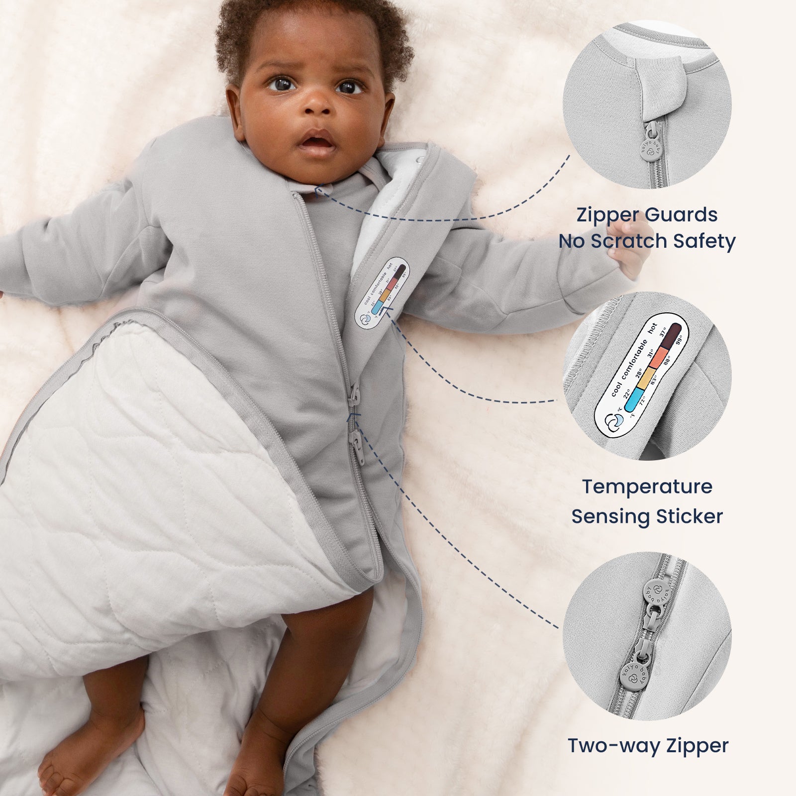 All Season Long Sleeve Sleep Sack 1.0 TOG - Organic Cotton & Camel Wool - Stone Gray