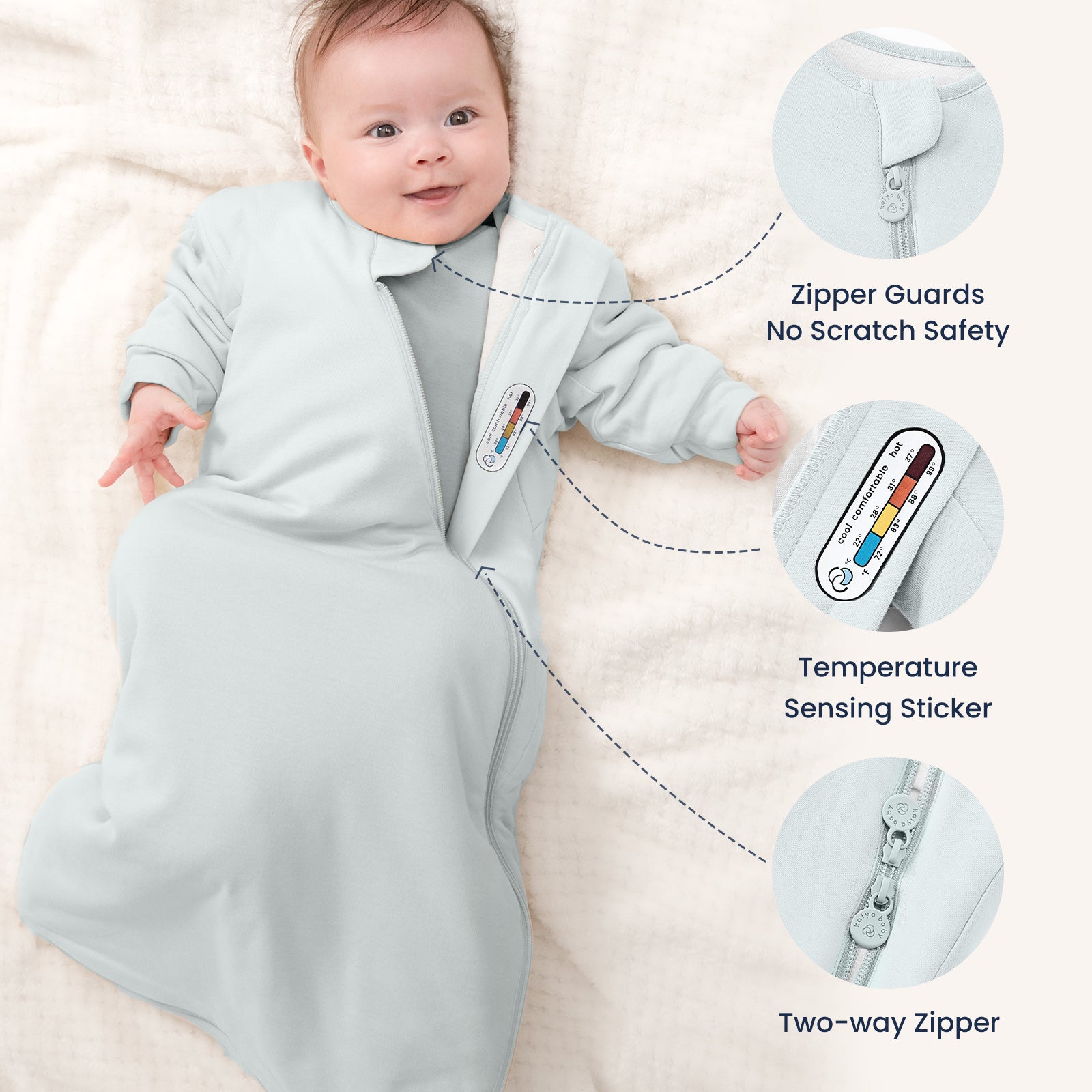 All Season Long Sleeve Sleep Sack 1.0 TOG - Organic Cotton & Camel Wool - Baby Blue