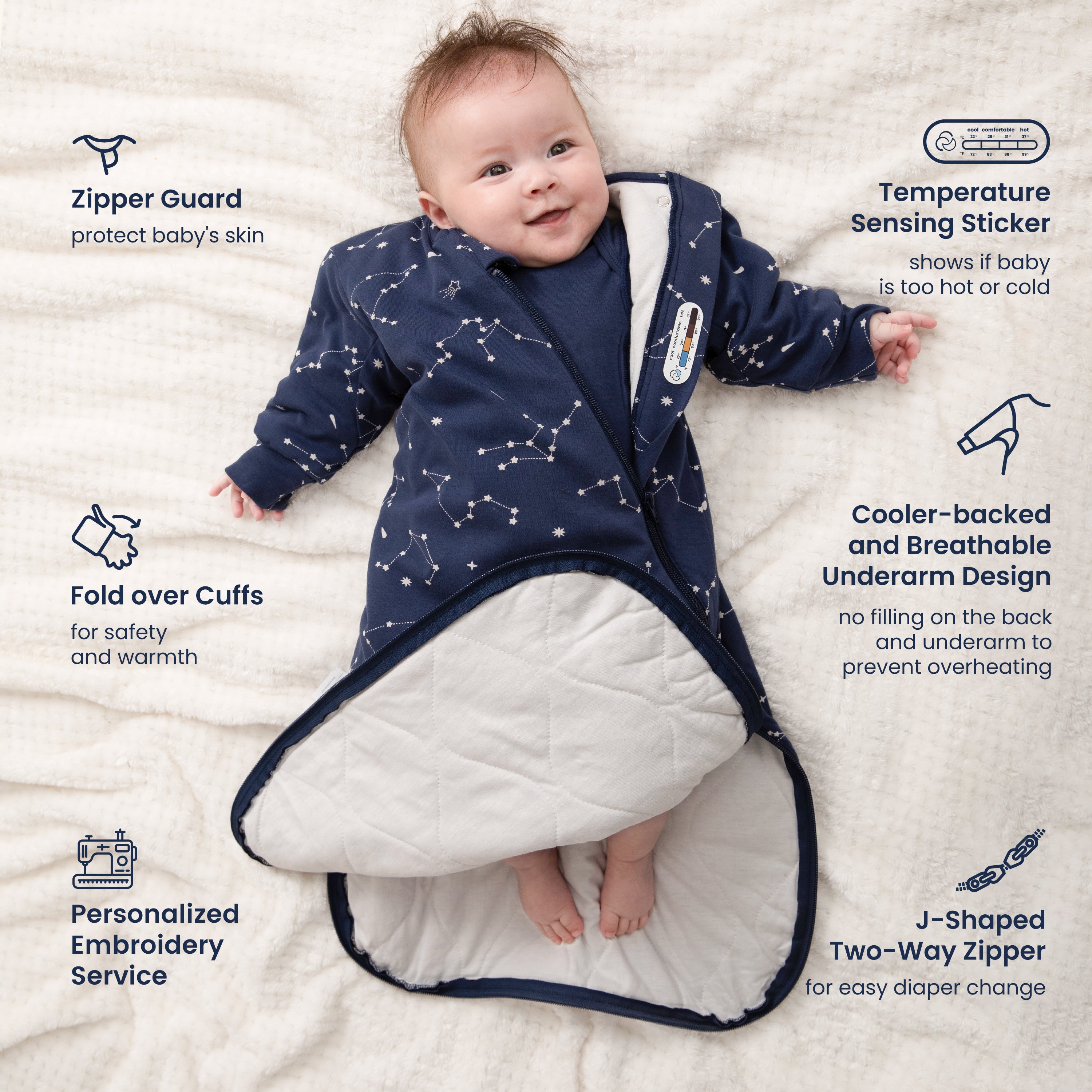 All Season Long Sleeve Sleep Sack 1.0 TOG - Organic Cotton & Camel Wool - Constellation-1