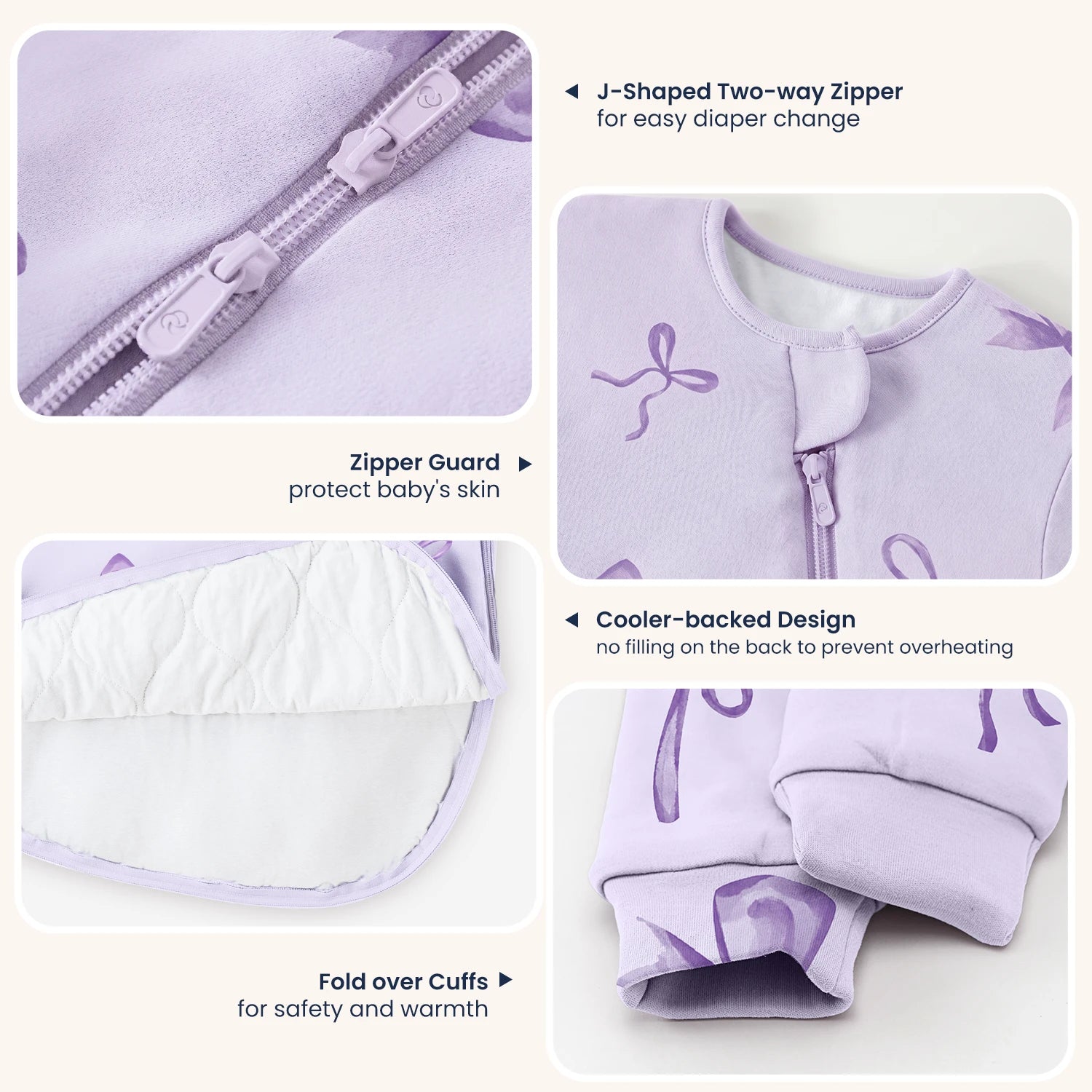 All Season Long Sleeve Sleep Sack 1.0 TOG - Organic Cotton & Camel Wool - Lavender Bow-design