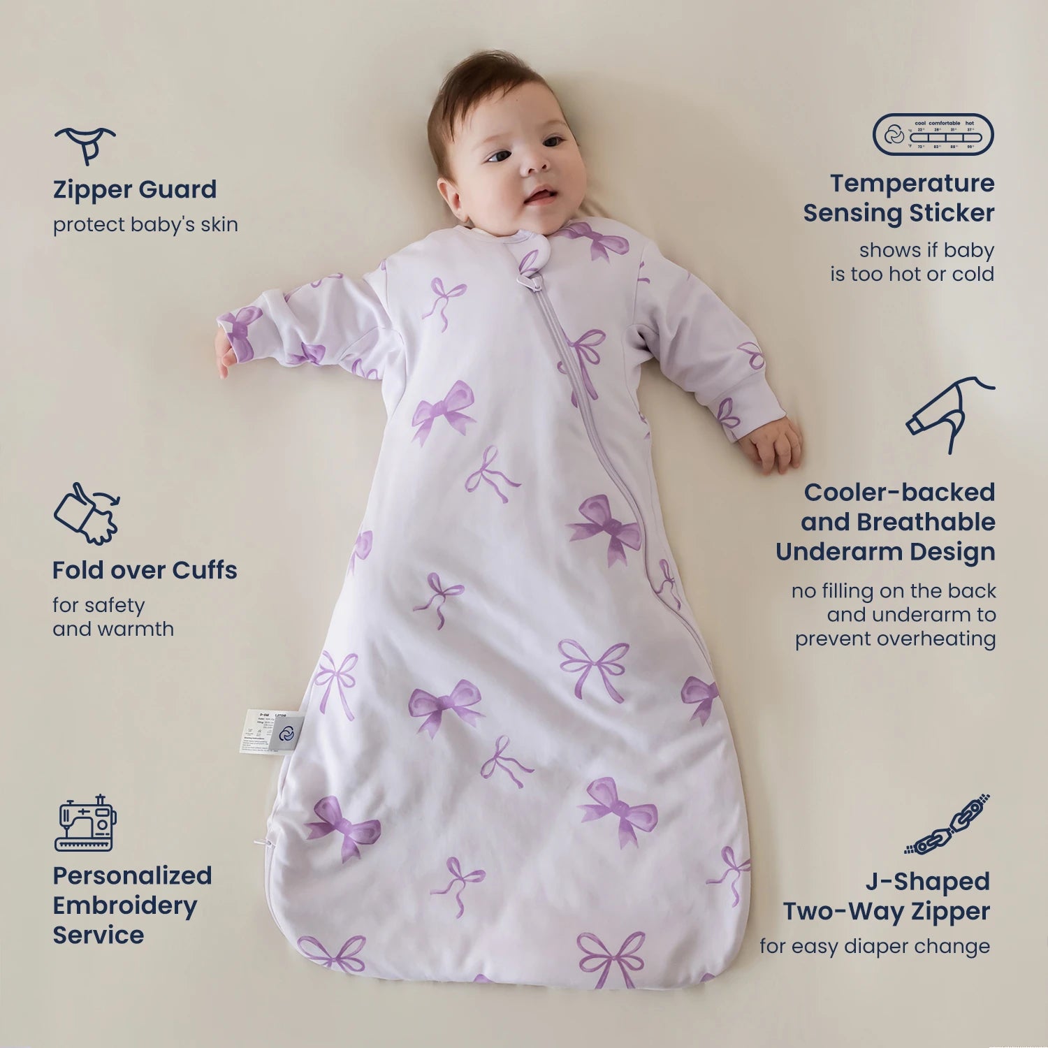 All Season Long Sleeve Sleep Sack 1.0 TOG - Organic Cotton & Camel Wool - Lavender Bow-design
