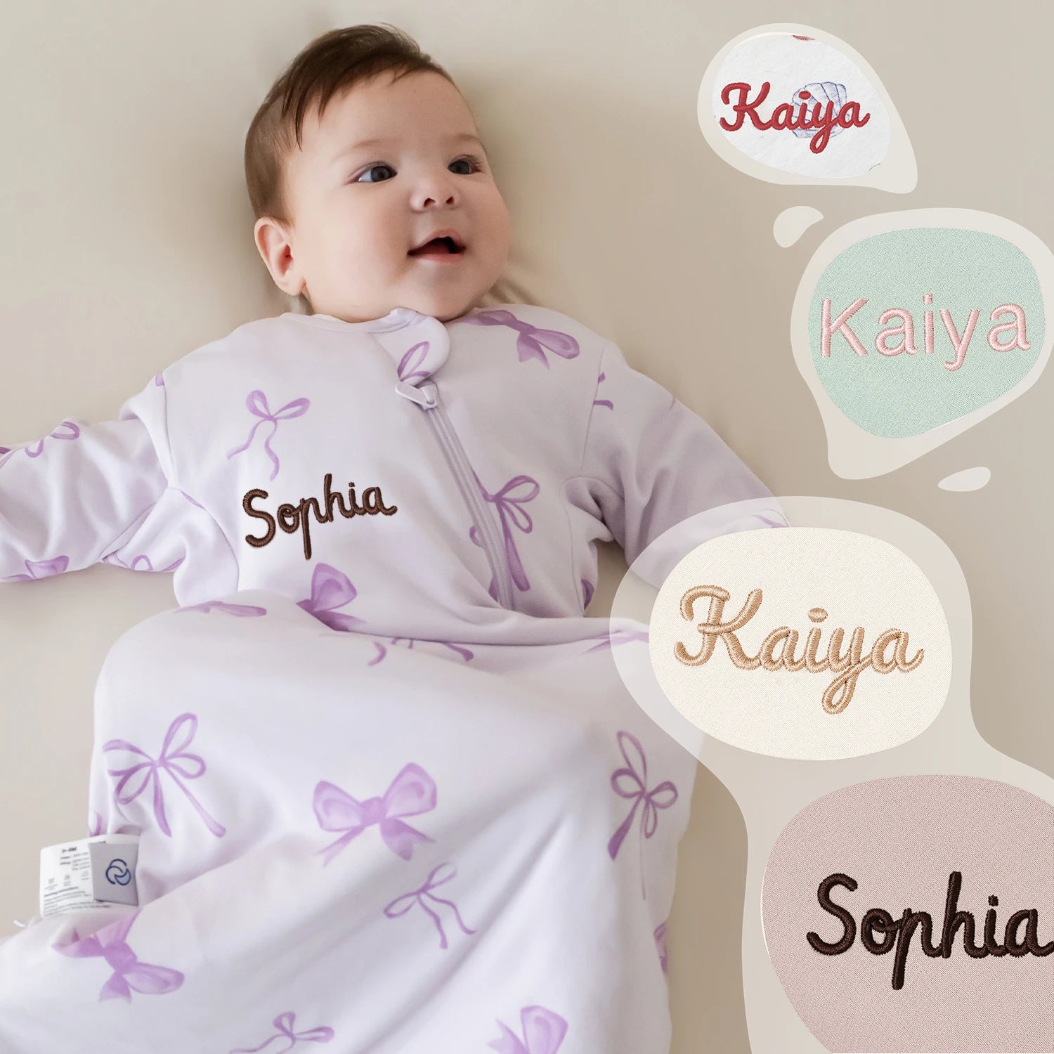 All Season Long Sleeve Sleep Sack 1.0 TOG - Organic Cotton & Camel Wool - Lavender Bow-embroidery
