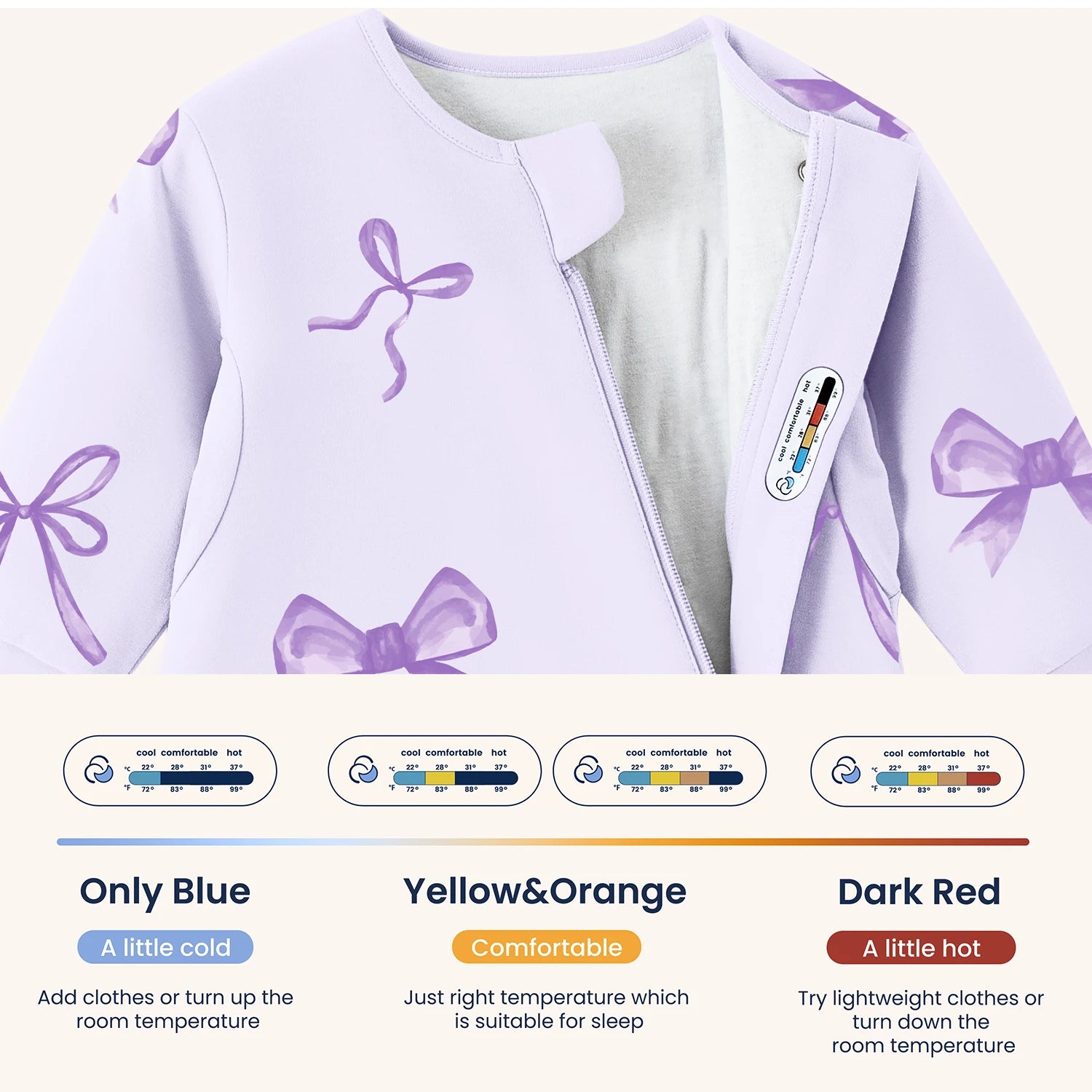 All Season Long Sleeve Sleep Sack 1.0 TOG - Organic Cotton & Camel Wool - Lavender Bow-temperature sticker