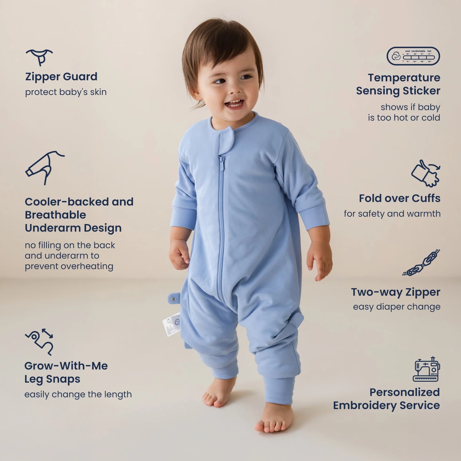 All Season Long Sleeve Sleep Sack Walker 1.0 TOG - Organic Cotton & Camel Wool - Quiet Sky-design