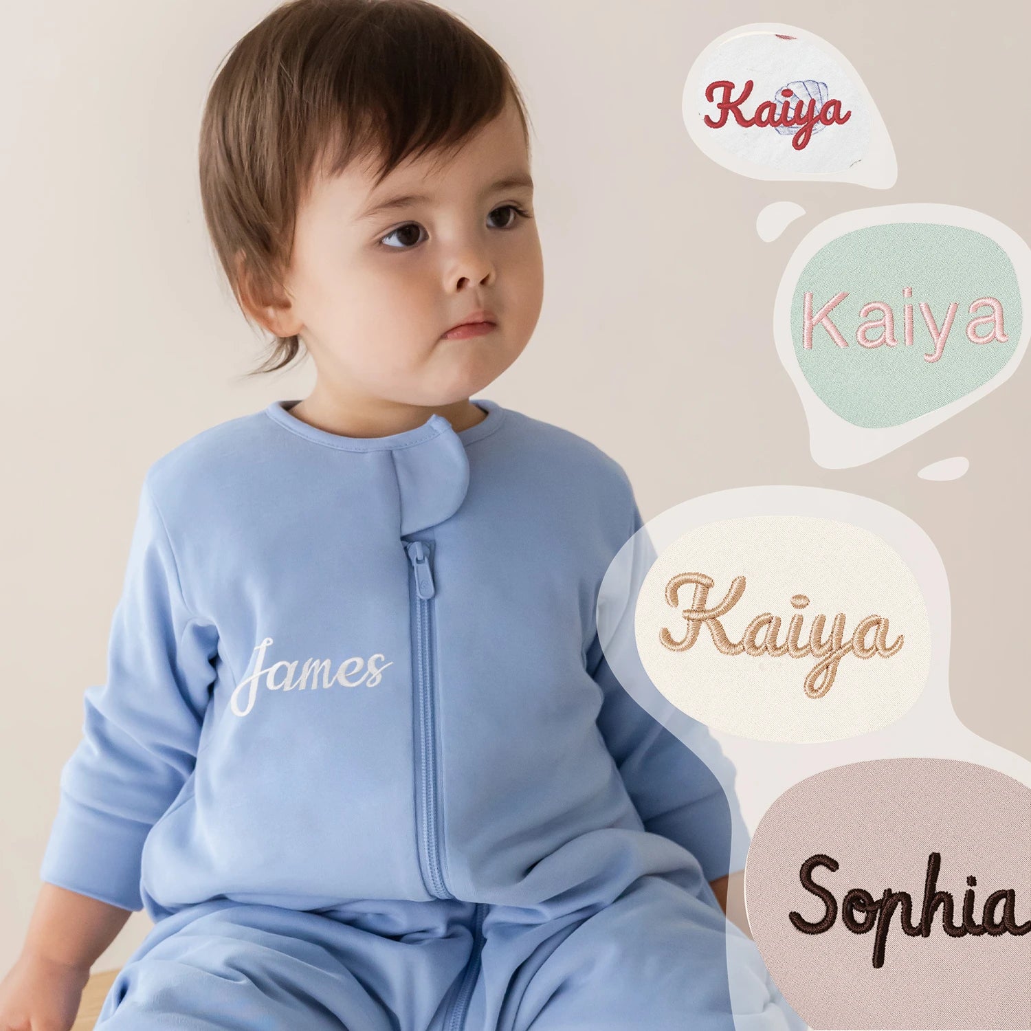 All Season Long Sleeve Sleep Sack Walker 1.0 TOG - Organic Cotton & Camel Wool - Quiet Sky-embroidery