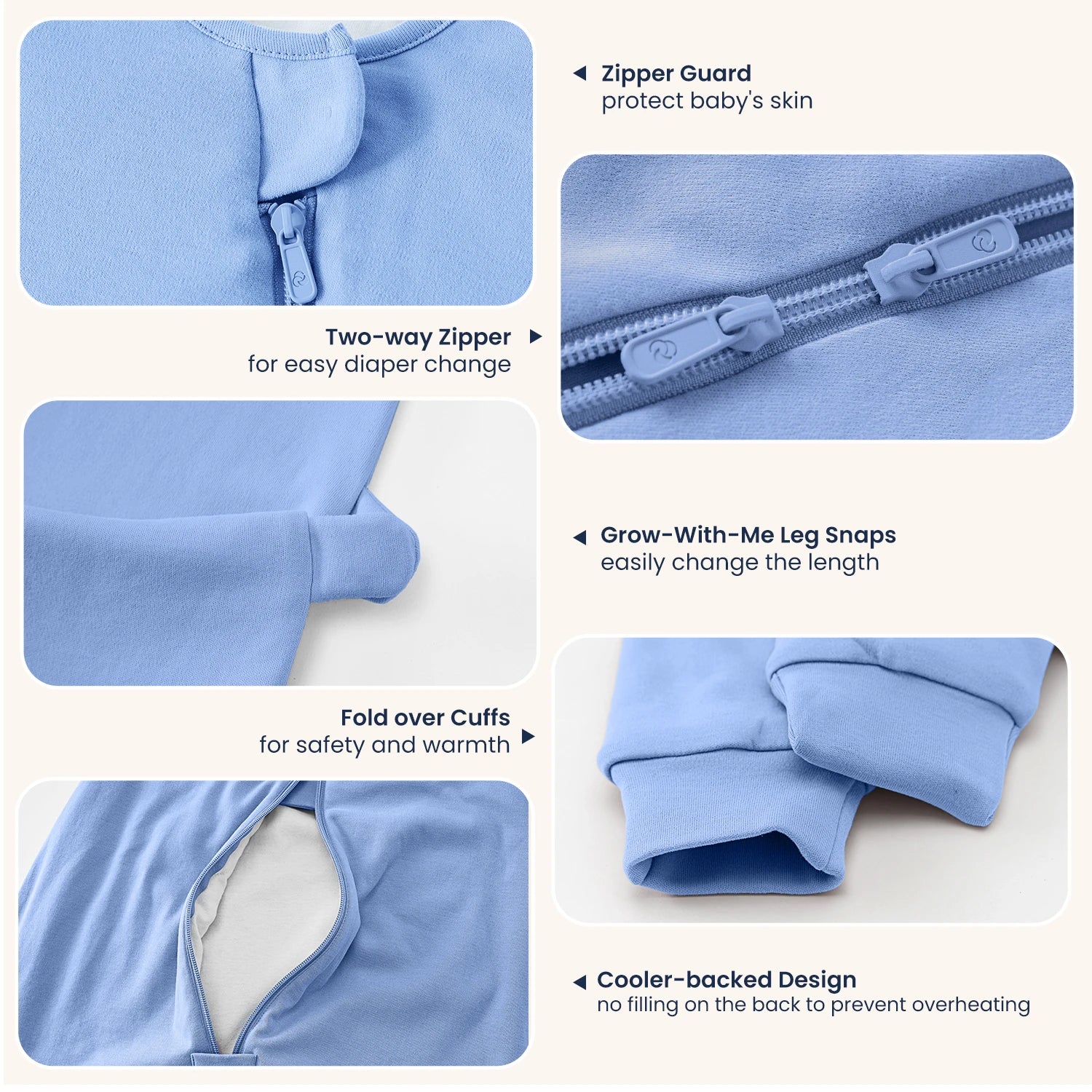 All Season Long Sleeve Sleep Sack Walker 1.0 TOG - Organic Cotton & Camel Wool - Quiet Sky design-1