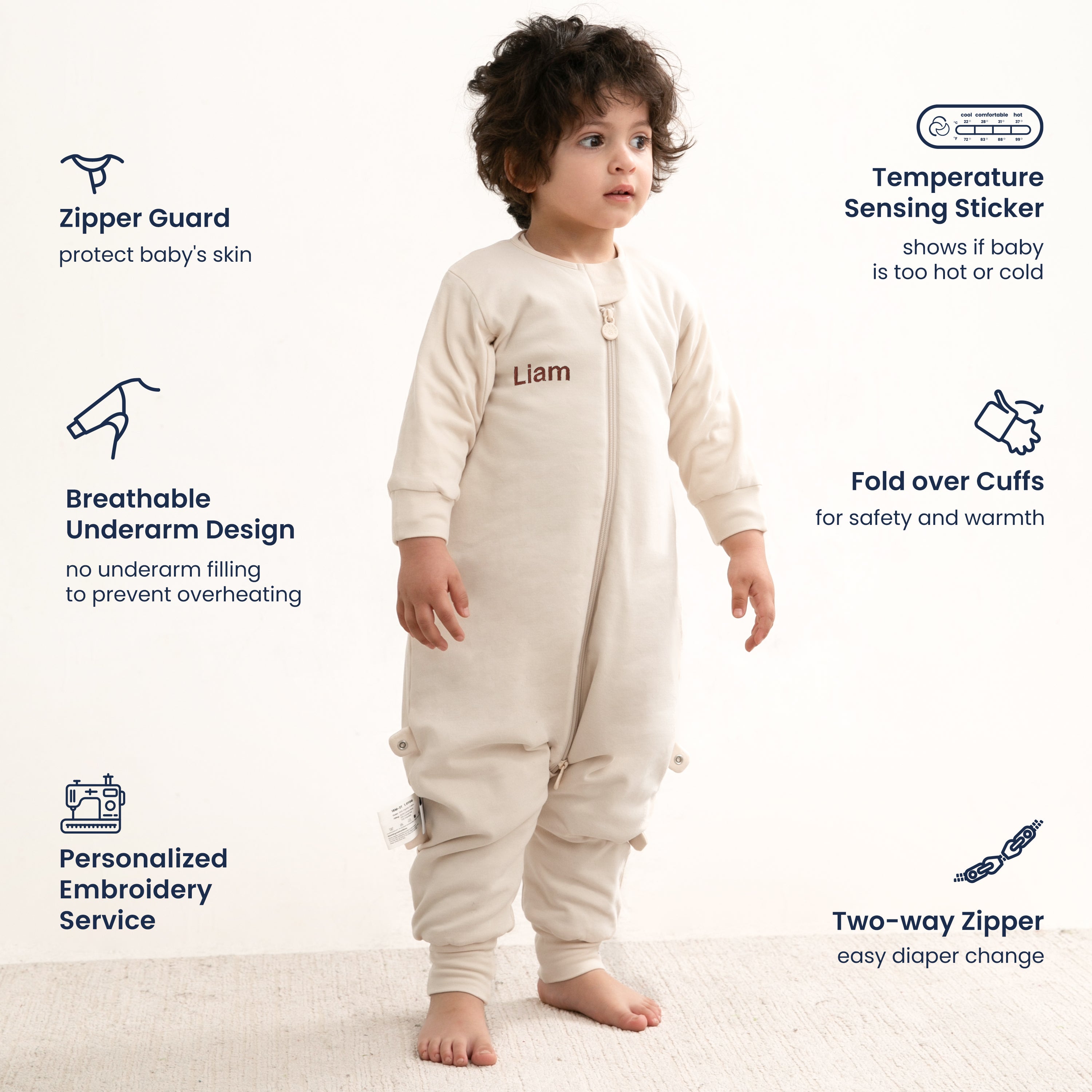 All Season Long Sleeve Sleep Sack Walker 1.0 TOG - Organic Cotton & Camel Wool Bundle- Green&Cream