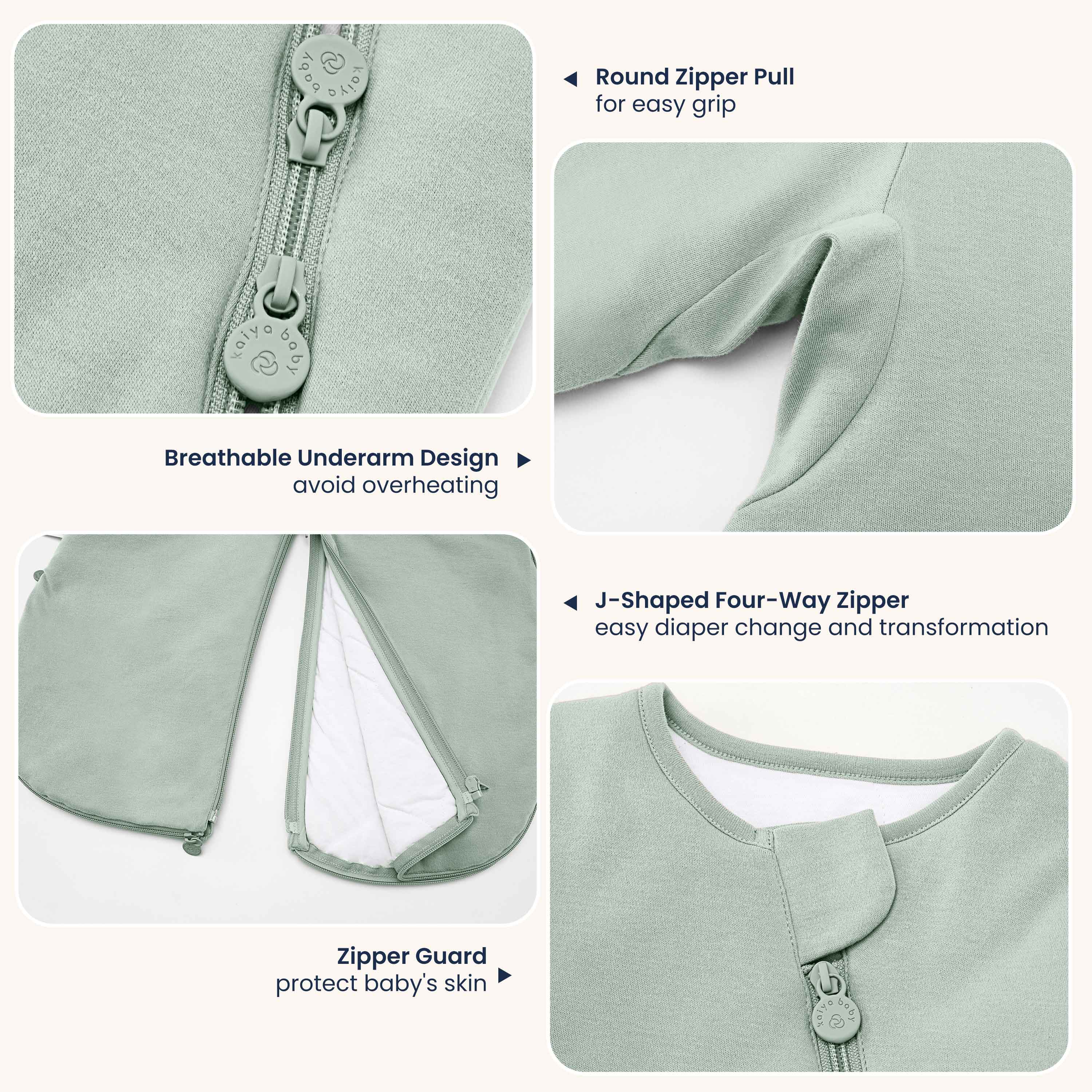 All Season Sleep Suit Sack 3-in-1 1.0 TOG - Organic Cotton & Camel Wool - Pea Green