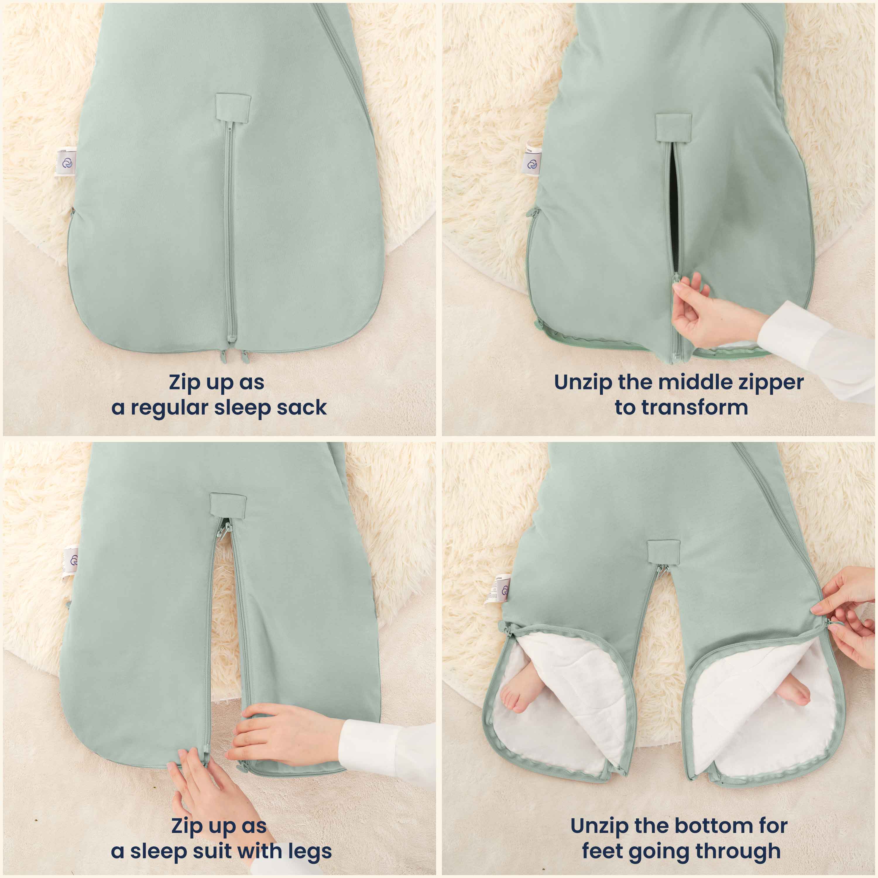 All Season Sleep Suit Sack 3-in-1 1.0 TOG - Organic Cotton & Camel Wool - Pea Green