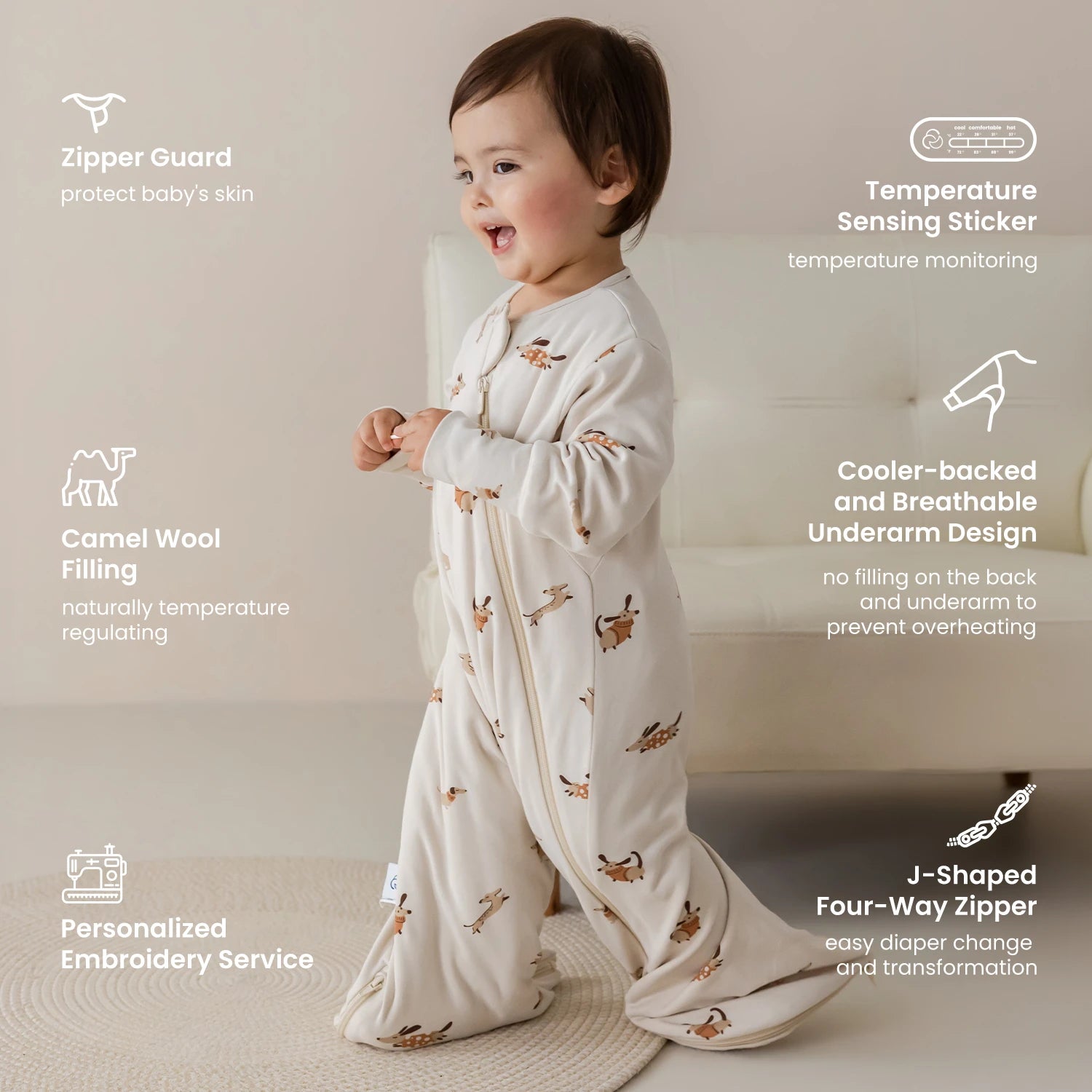 All Season Sleep Suit Sack 3-in-1 1.0 TOG - Organic Cotton & Camel Wool - Sunny Pup-design