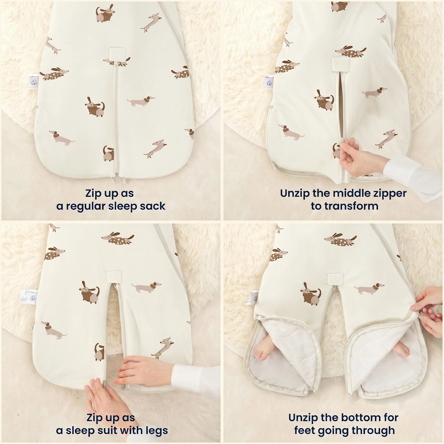 All Season Sleep Suit Sack 3-in-1 1.0 TOG - Organic Cotton & Camel Wool - Sunny Pup design-5