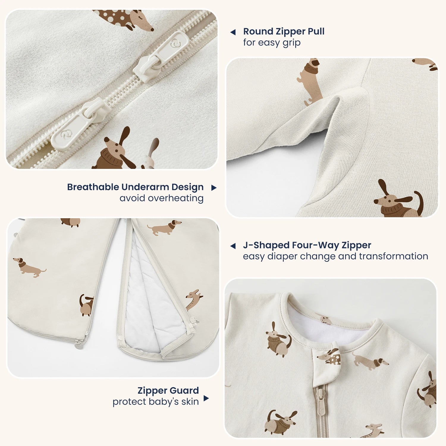 All Season Sleep Suit Sack 3-in-1 1.0 TOG - Organic Cotton & Camel Wool - Sunny Pup design