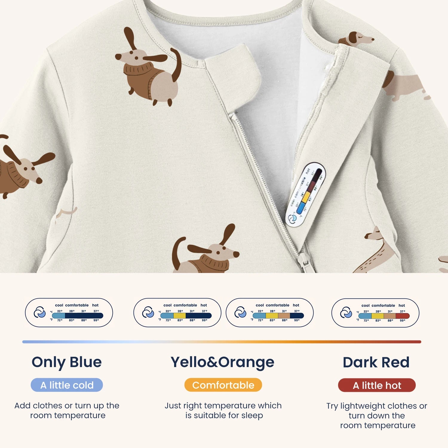 All Season Sleep Suit Sack 3-in-1 1.0 TOG - Organic Cotton & Camel Wool - Sunny Pup temperature sticker