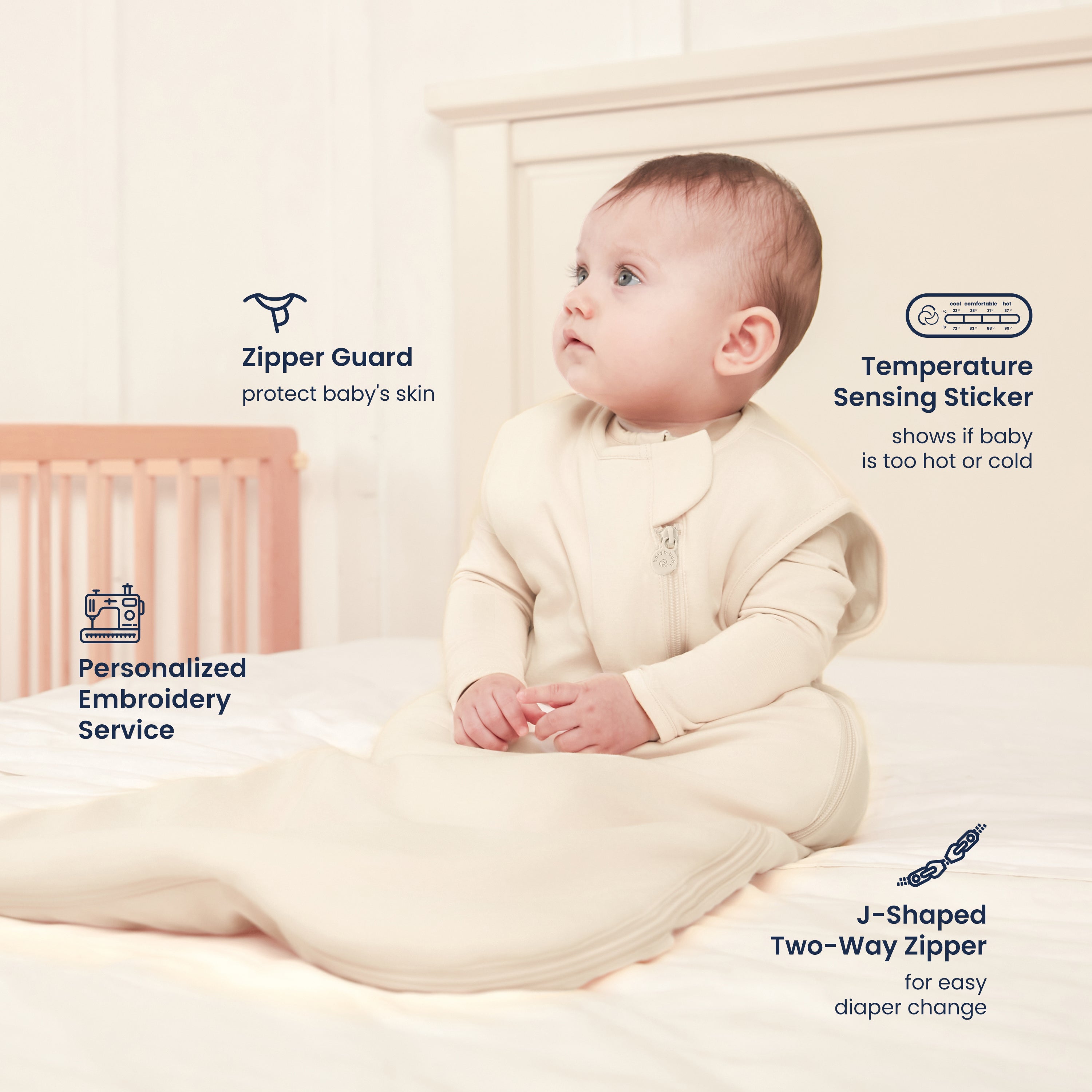 All Season Sleeveless Sleep Sack 1.0 TOG - Organic Cotton & Camel Wool -Cream-6