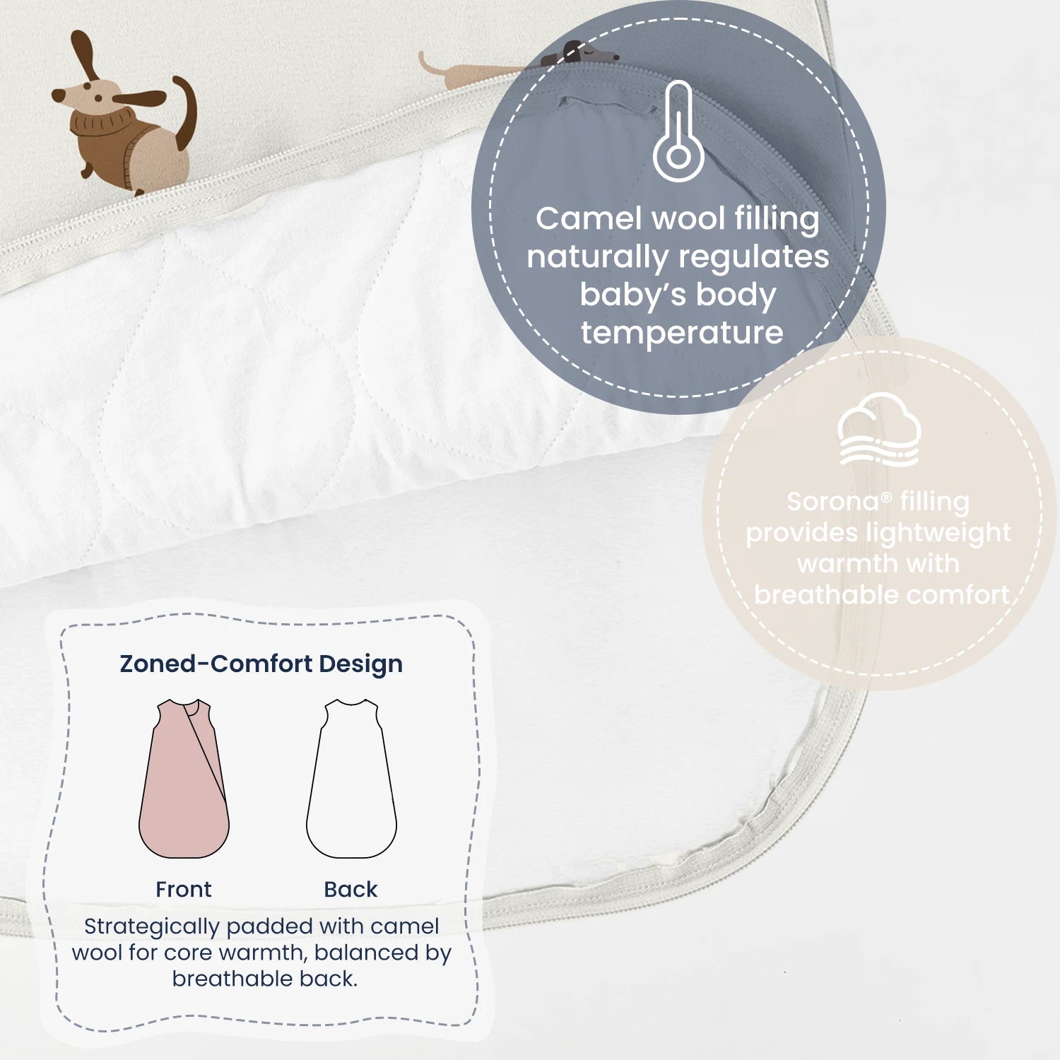 All Season Sleeveless Sleep Sack 1.0 TOG - Organic Cotton & Camel Wool - Sunny Pup comfort design