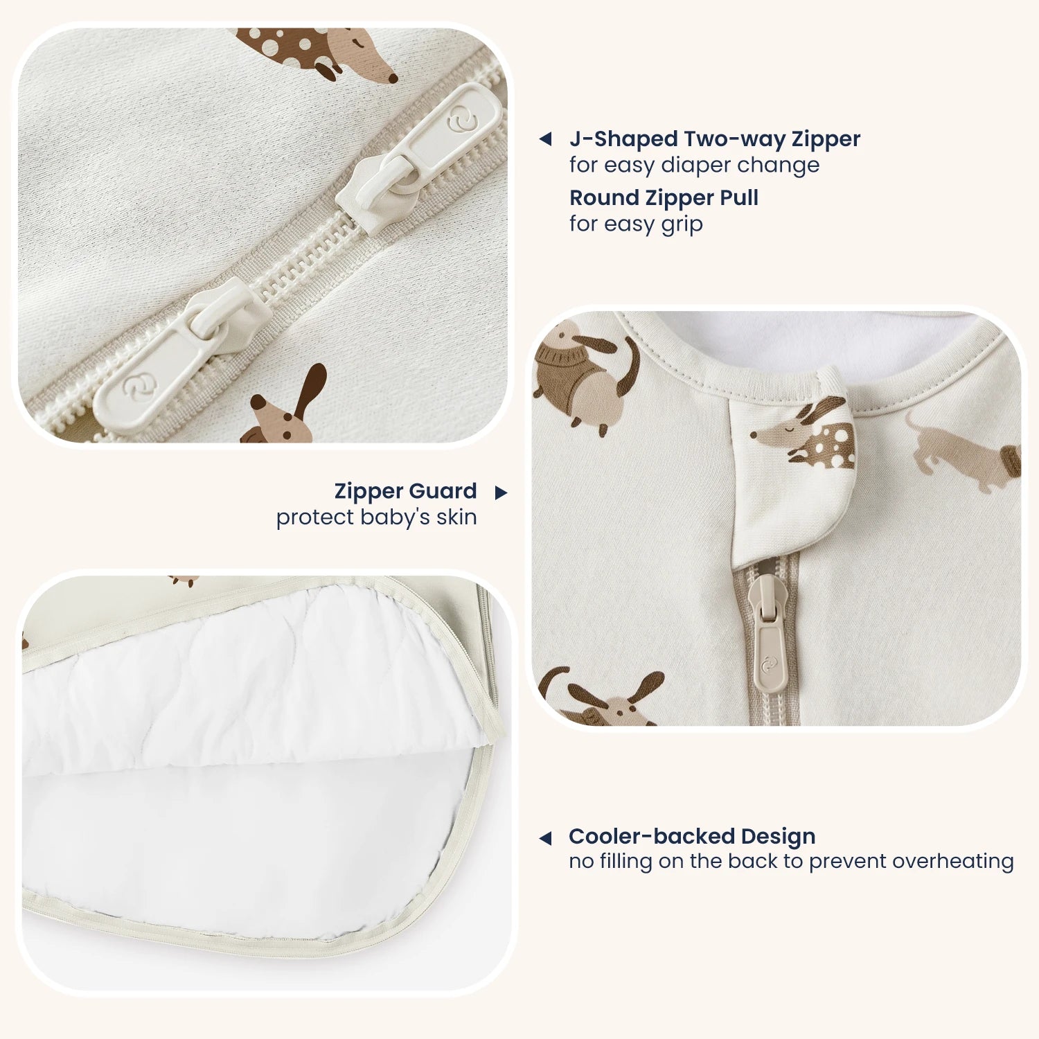 All Season Sleeveless Sleep Sack 1.0 TOG - Organic Cotton & Camel Wool - Sunny Pup design