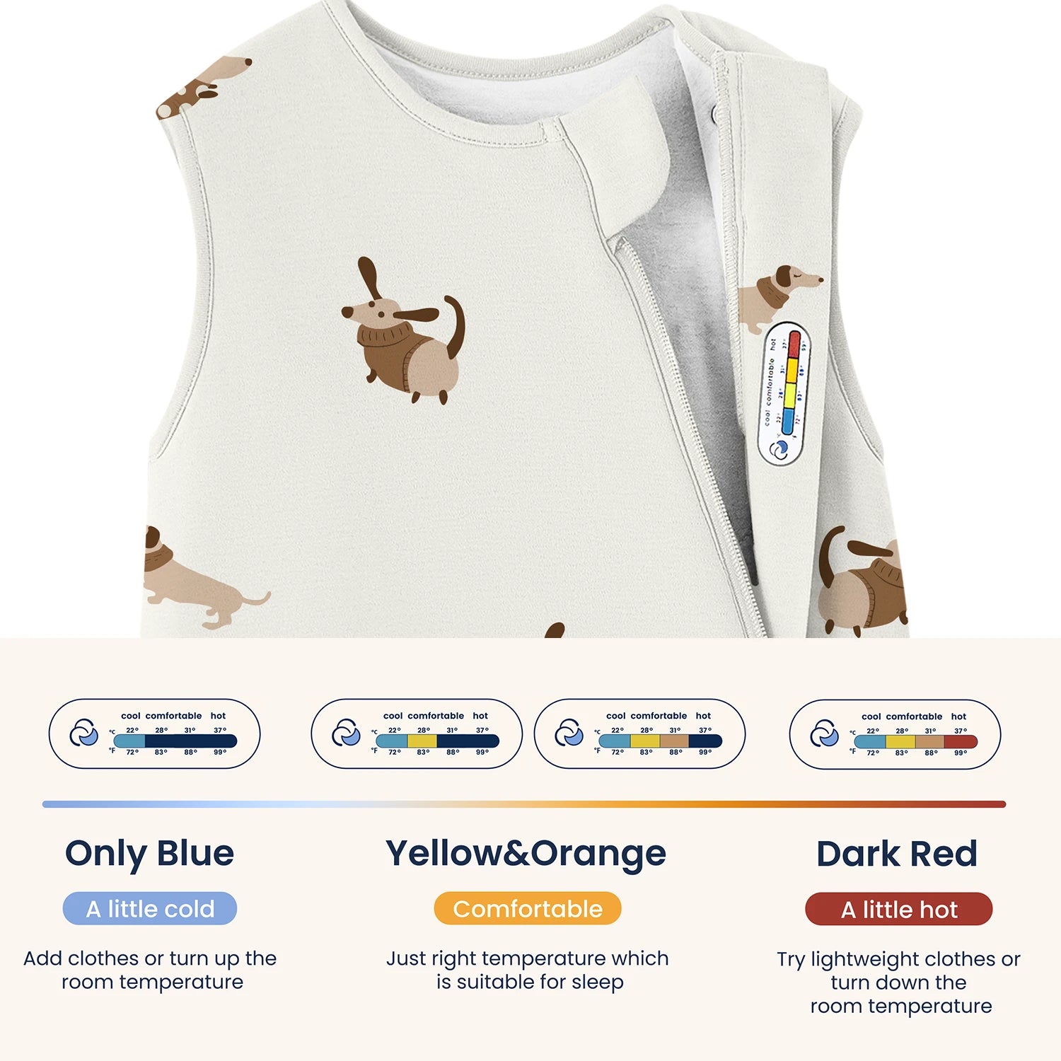 All Season Sleeveless Sleep Sack 1.0 TOG - Organic Cotton & Camel Wool - Sunny Pup temperature sticker