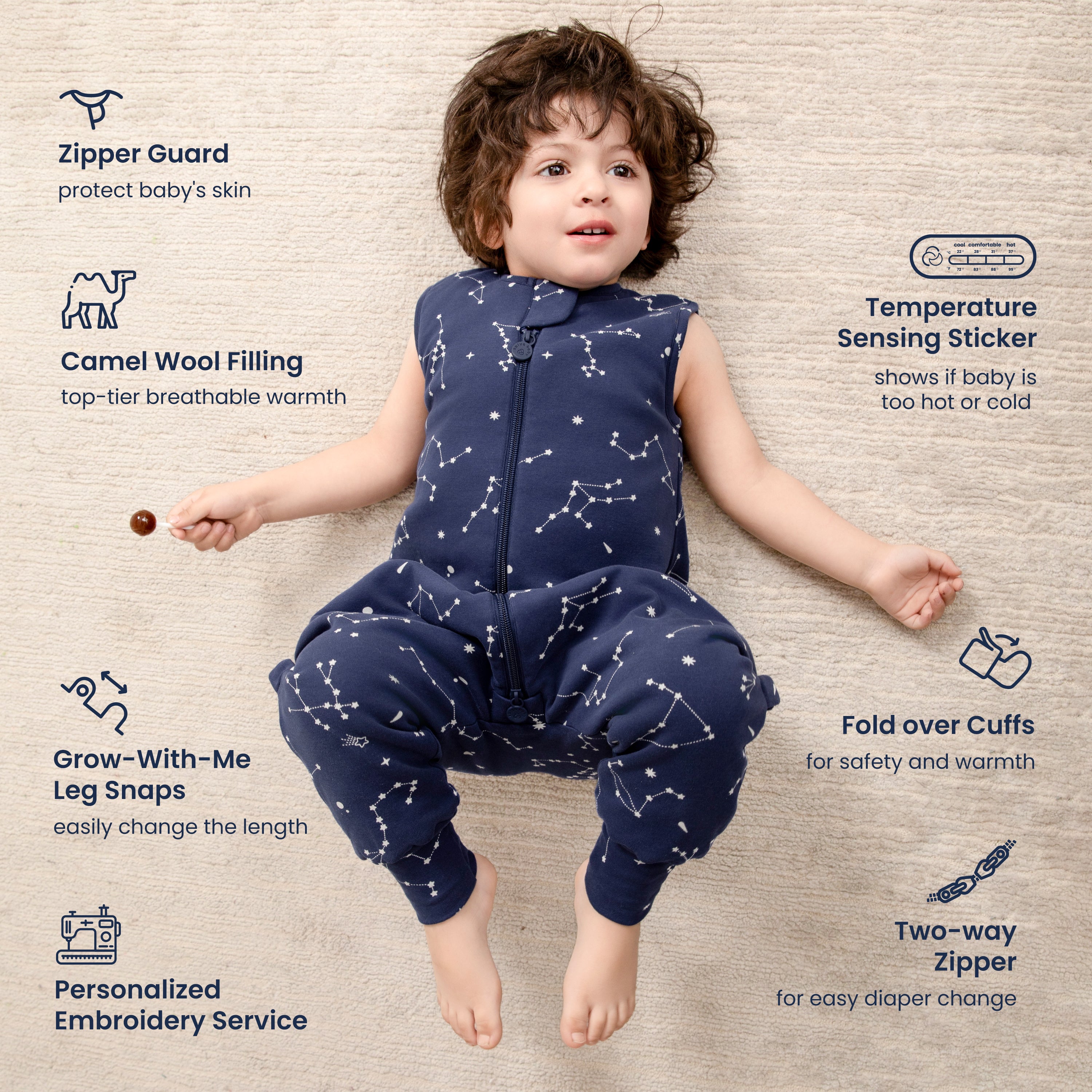 All Season Sleeveless Sleep Sack Walker 1.0 TOG - Organic Cotton & Camel Wool - Constellation