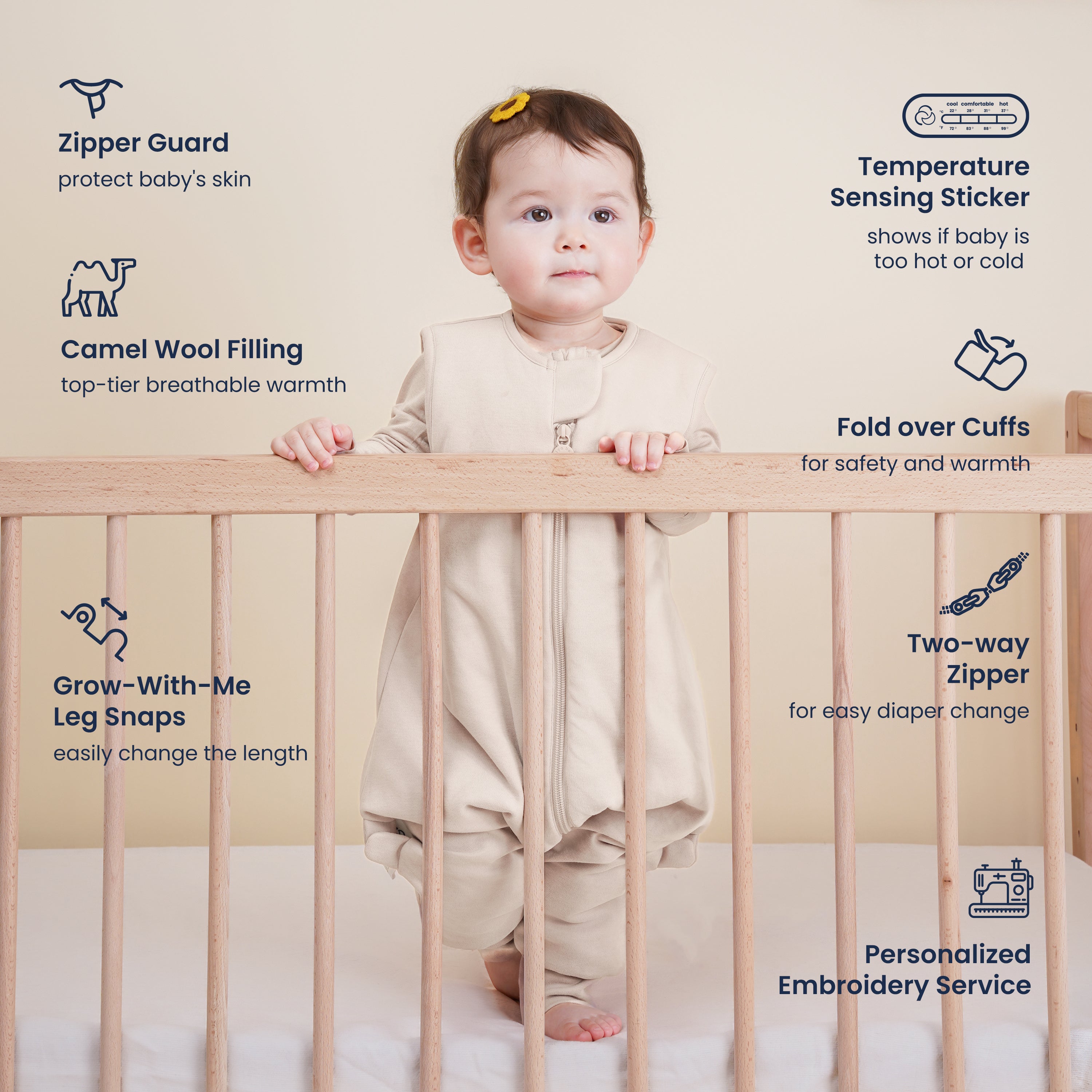All Season Sleeveless Sleep Sack Walker 1.0 TOG - Organic Cotton & Camel Wool - Cream