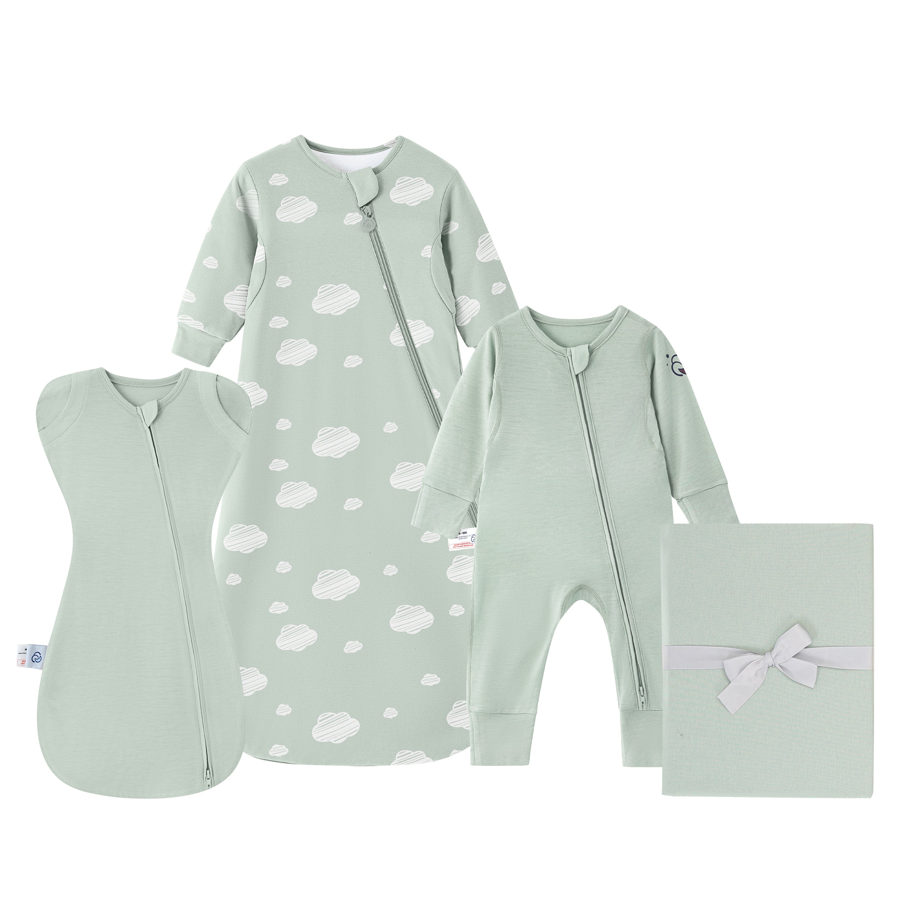 Newborn Essential Bundle - ClimaCuddle™ Swaddle 2-in-1+Romper+Camel Wool Sleep Sack+Crib Sheet -Green Sky