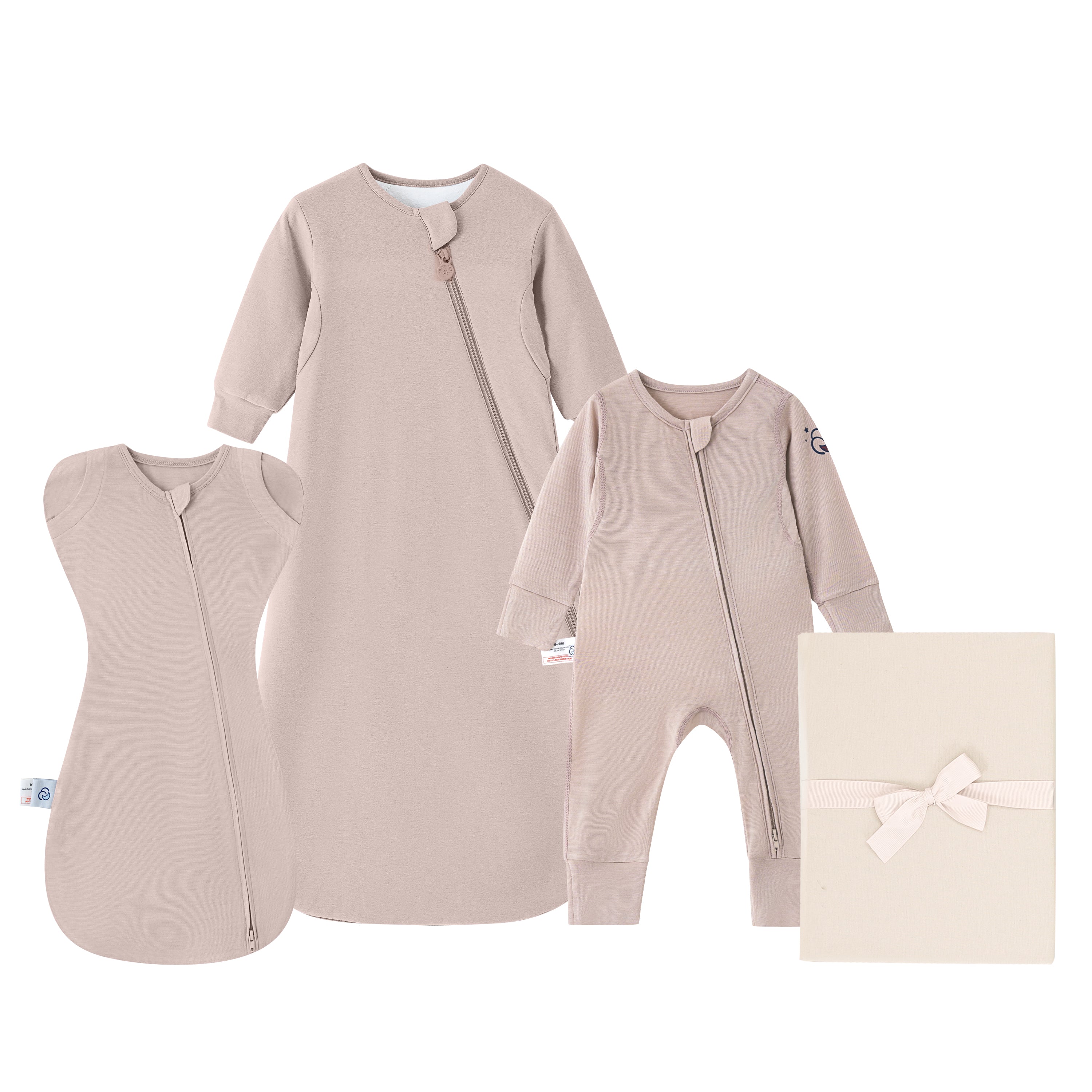 Newborn Essential Bundle - ClimaCuddle™ Swaddle 2-in-1+Romper+Camel Wool Sleep Sack+Crib Sheet -Pink