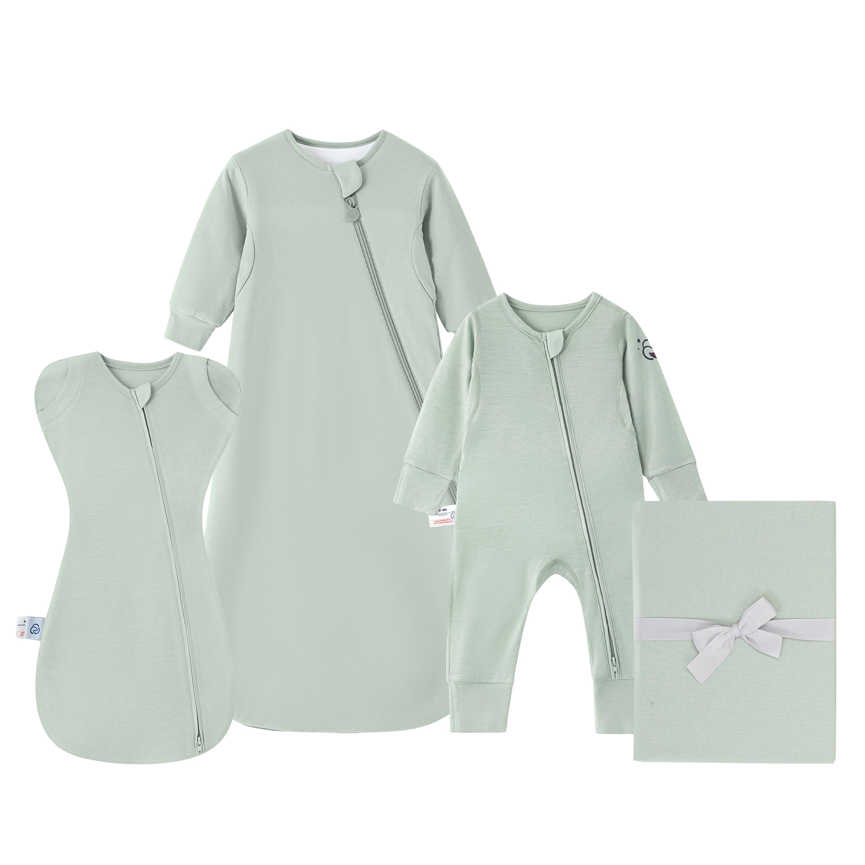 Newborn Essential Bundle - ClimaCuddle™ Swaddle 2-in-1+Romper+Camel Wool Sleep Sack+Crib Sheet - Green