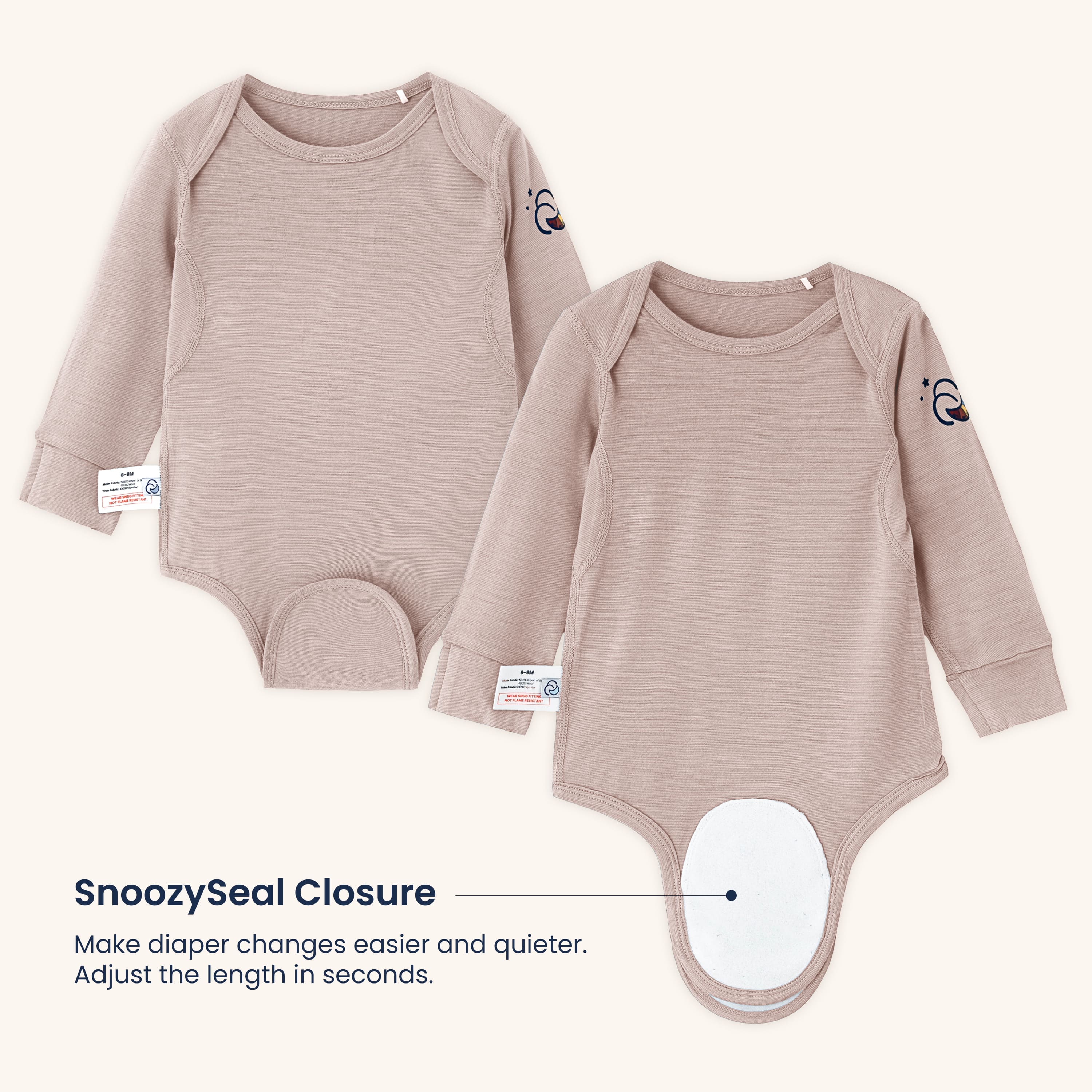 ClimaCuddle Baby Bodysuit Long Sleeve - Merino Wool & Rayon Bamboo - Dusty Pink Snoozyseal Closure