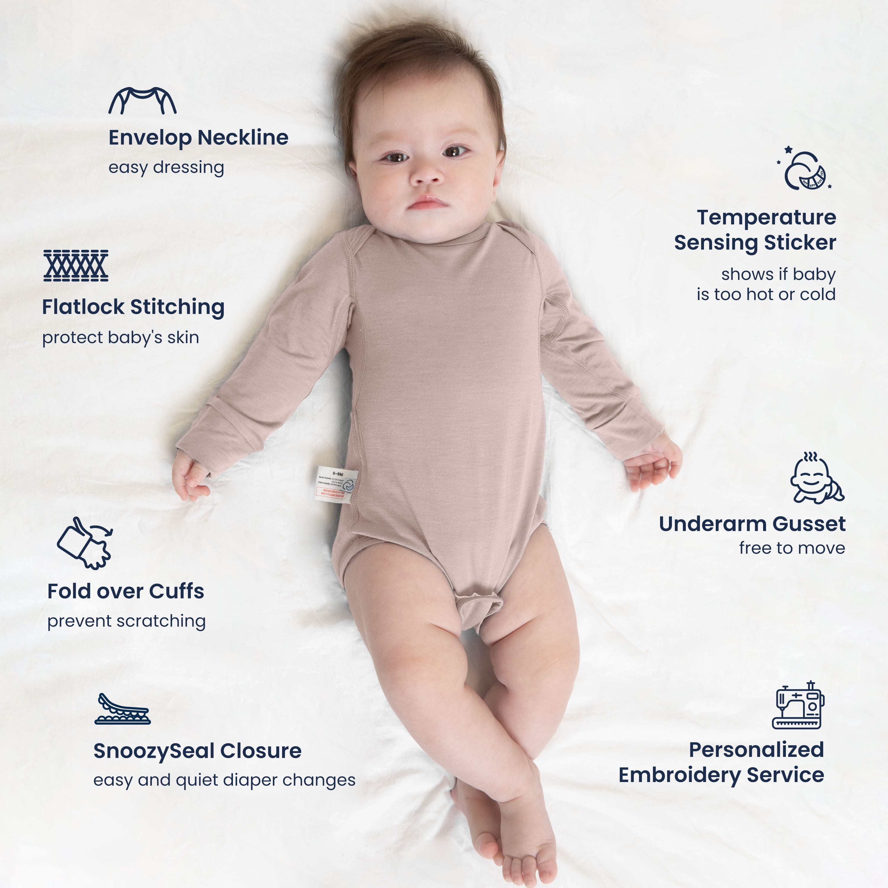 ClimaCuddle Baby Bodysuit Long Sleeve - Merino Wool & Rayon Bamboo - Dusty Pink Feature