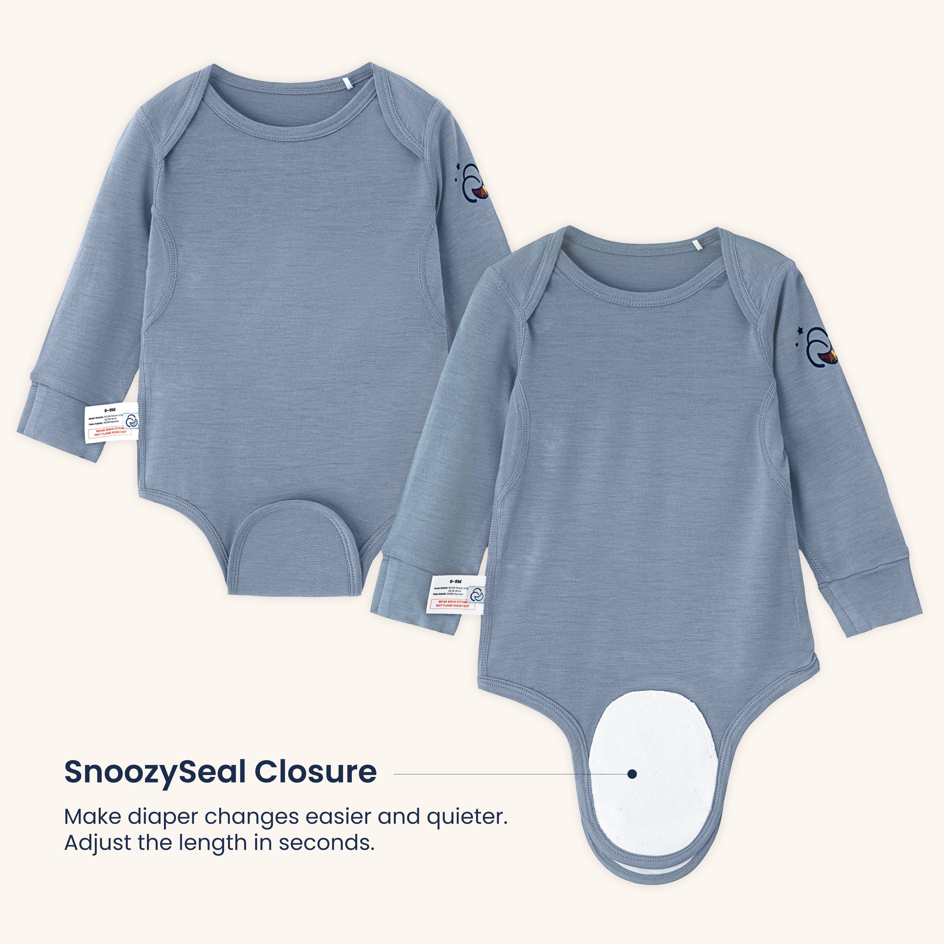 ClimaCuddle Baby Bodysuit Long Sleeve - Merino Wool & Rayon Bamboo - Misty Blue AnoozySeal Closure
