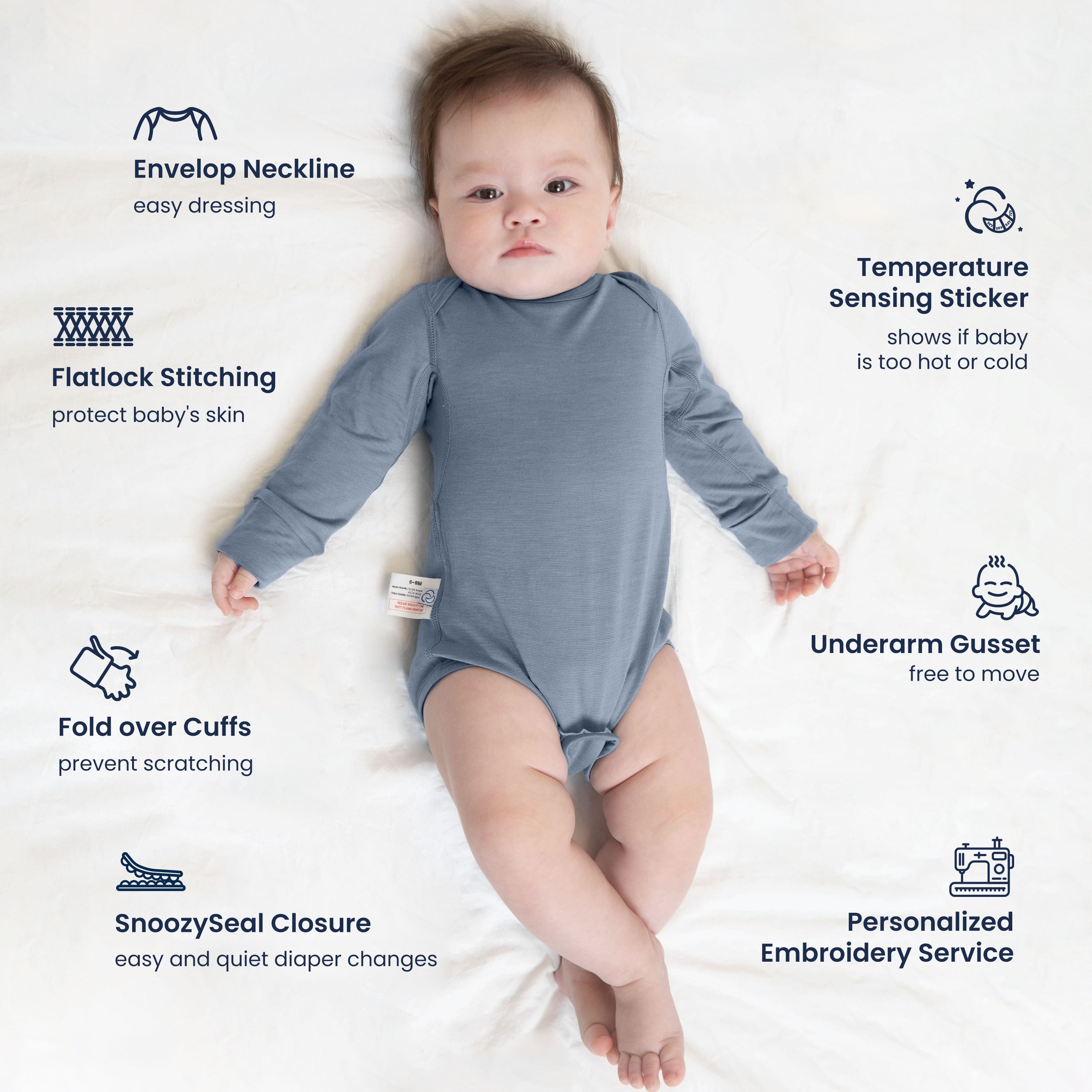 ClimaCuddle Baby Bodysuit Long Sleeve - Merino Wool & Rayon Bamboo - Misty Blue Feature