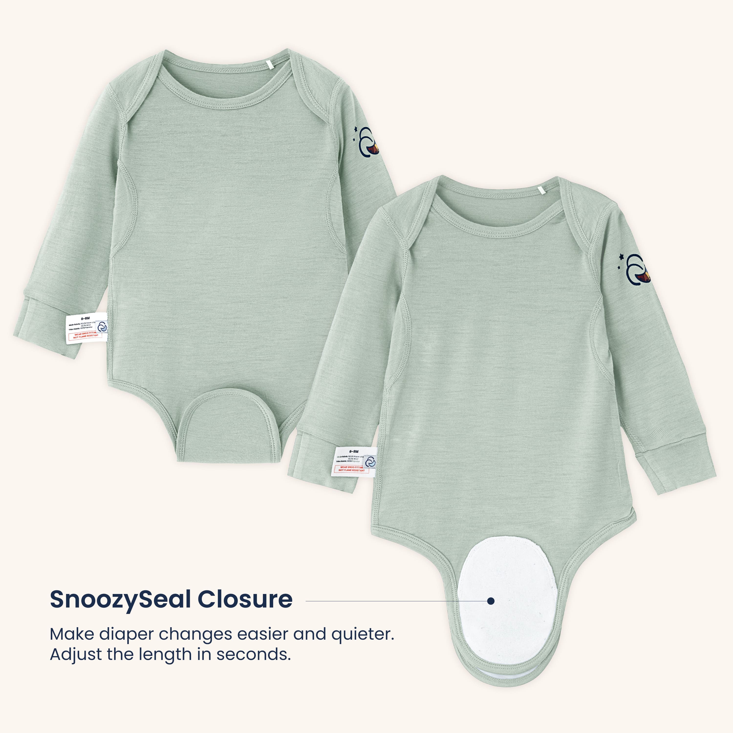 ClimaCuddle Baby Bodysuit Long Sleeve - Merino Wool & Rayon Bamboo - Pea Green Snoozyseal Closure