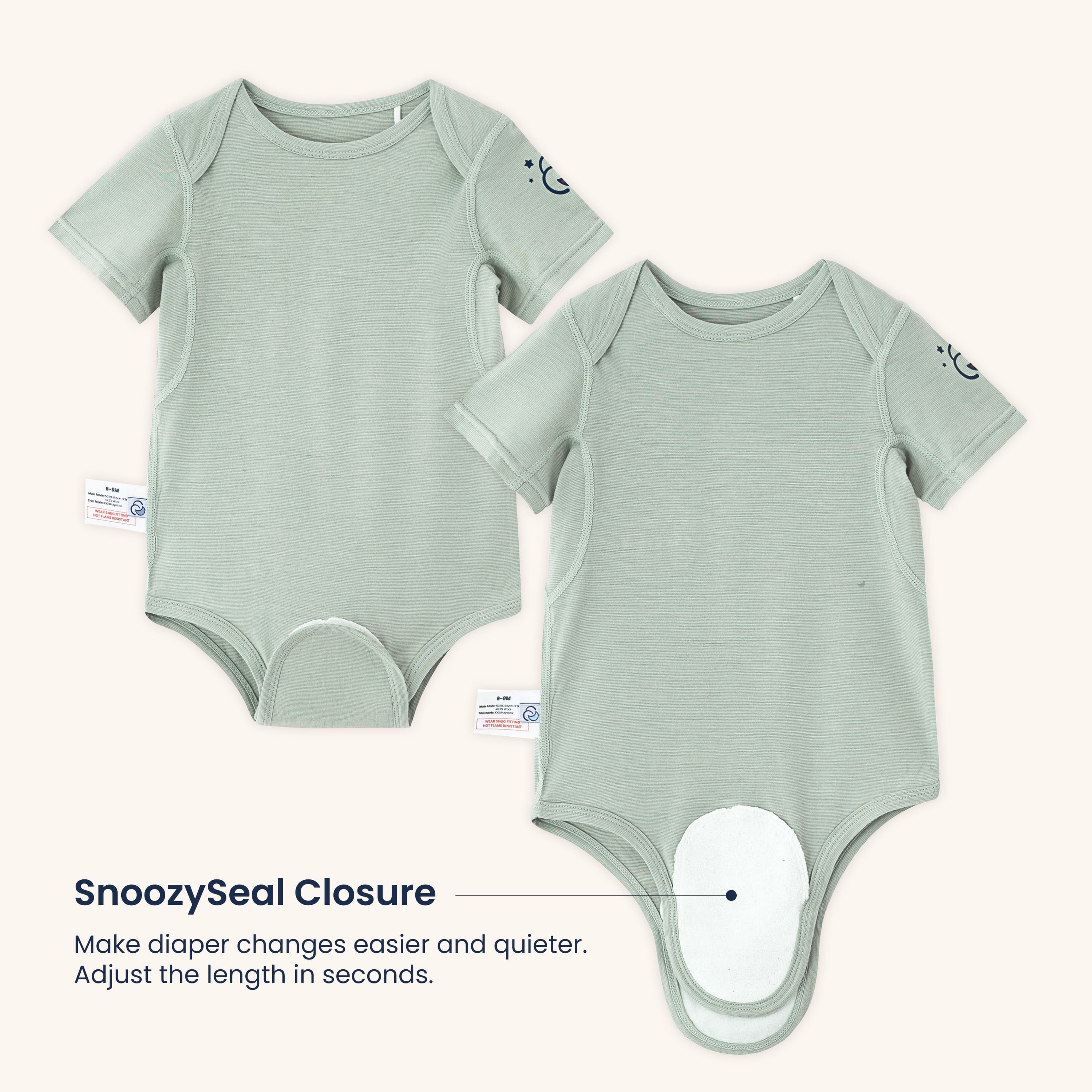 ClimaCuddle Baby Bodysuit Short Sleeve - Wool & Rayon Bamboo - Pea Green Snoozy Seal Closure