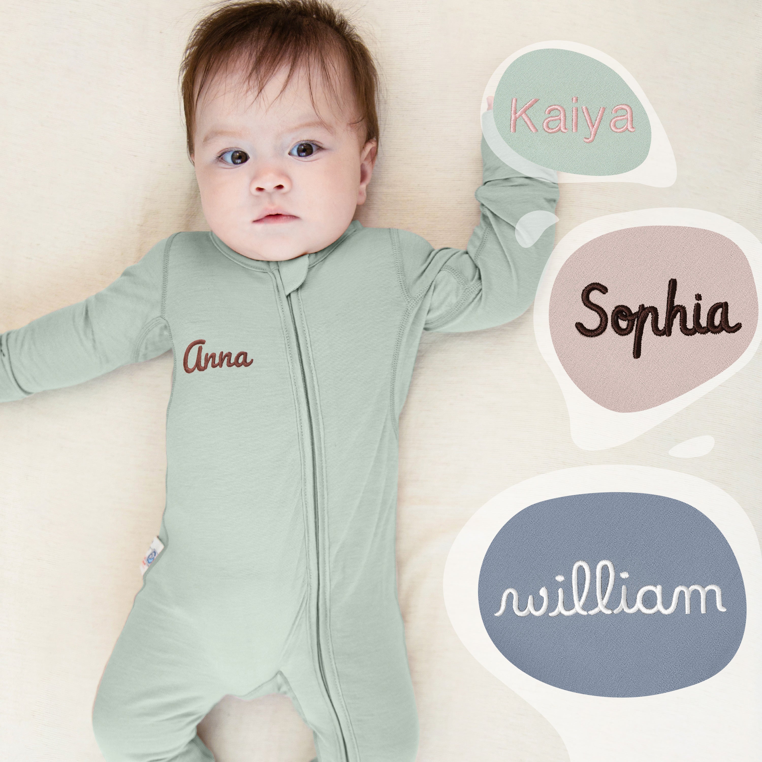 ClimaCuddle-Zipped-Baby-Romper-Merino-Wool-Rayon-Bamboo-green-Embroidery