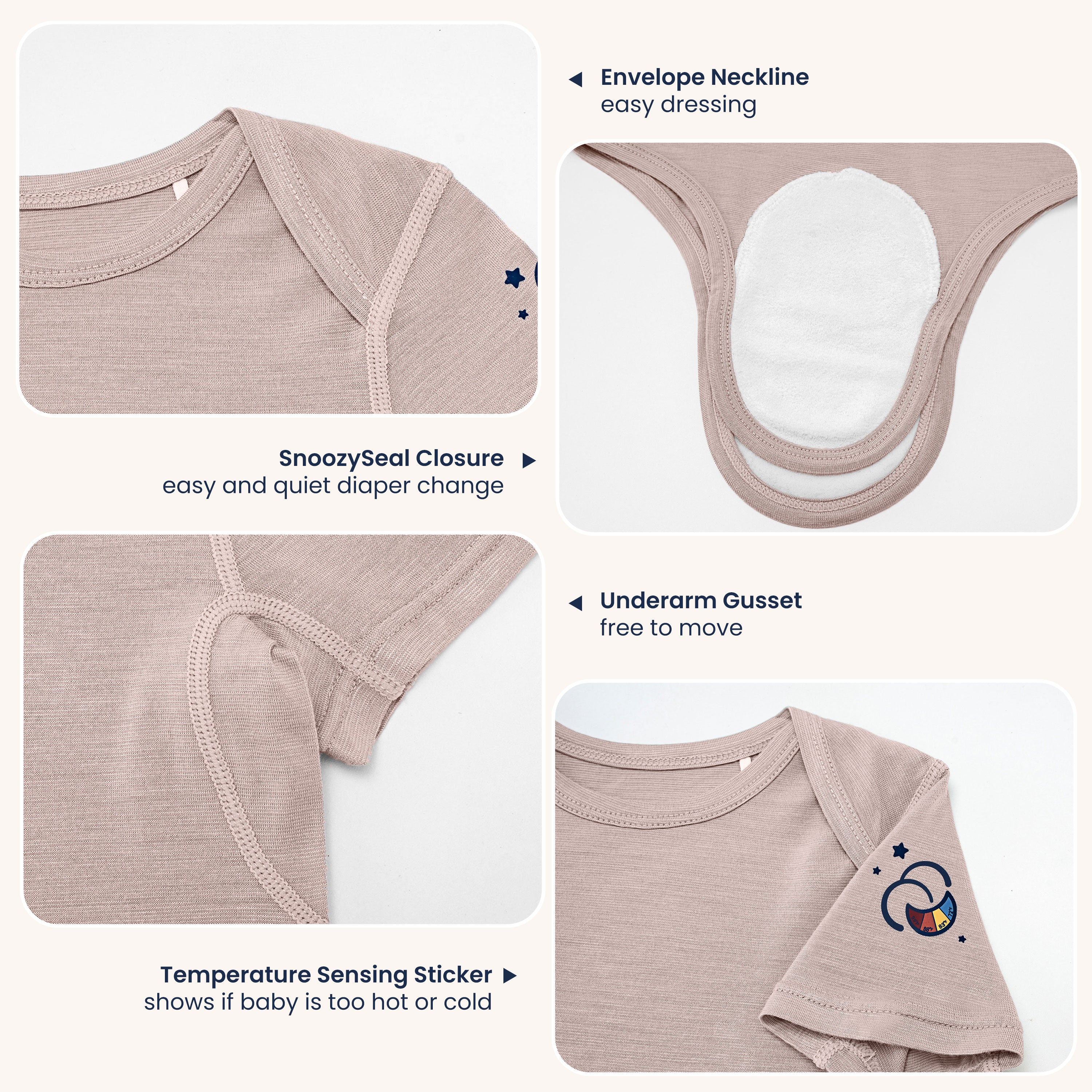 ClimaCuddle™ Baby Bodysuit Short Sleeve - Merino Wool & Rayon Bamboo - Dusty Pink